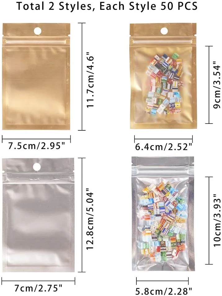 1 Set Elite 100 pcs 2 Sizes Hanging Zip Barrier Bags Aluminum Foil Zip Lock Mylar Bags Smell Proof Bags Ziplock Pouch for Storage, 11.7x7.5cm &12.8x7cm, Golden/Silver