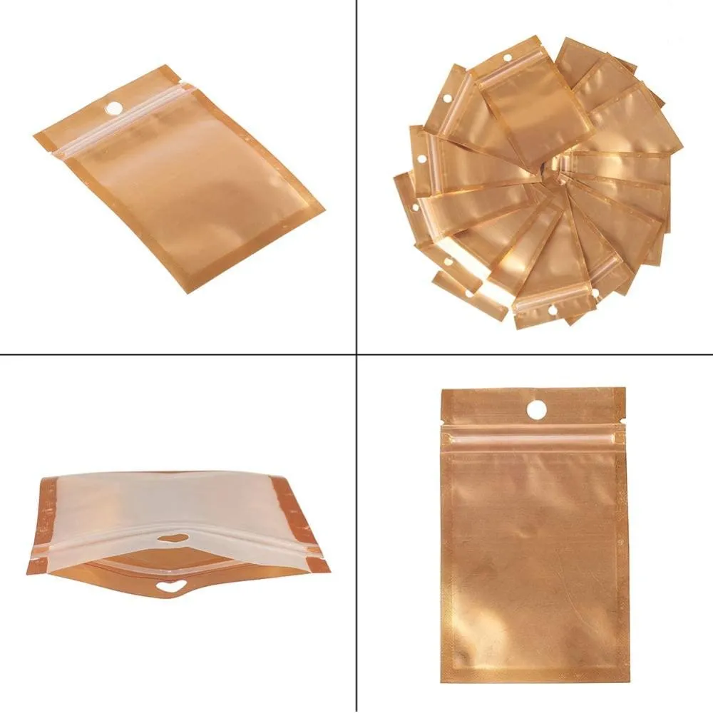 1 Set Elite 100 pcs 2 Sizes Hanging Zip Barrier Bags Aluminum Foil Zip Lock Mylar Bags Smell Proof Bags Ziplock Pouch for Storage, 11.7x7.5cm &12.8x7cm, Golden/Silver