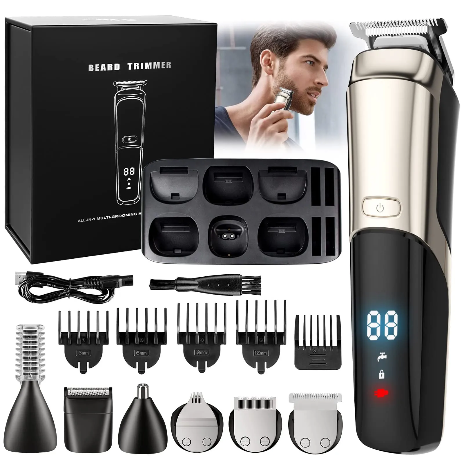 AdamStar Beard Trimmer for Men, Electric Razor, 16 in 1 Grooming Kit for Mens Beard Face Nose Ear Facial Trimmer, Cordless Waterproof Hair Clippers Shaver with Luxury Magnetic Hard Gifts Box