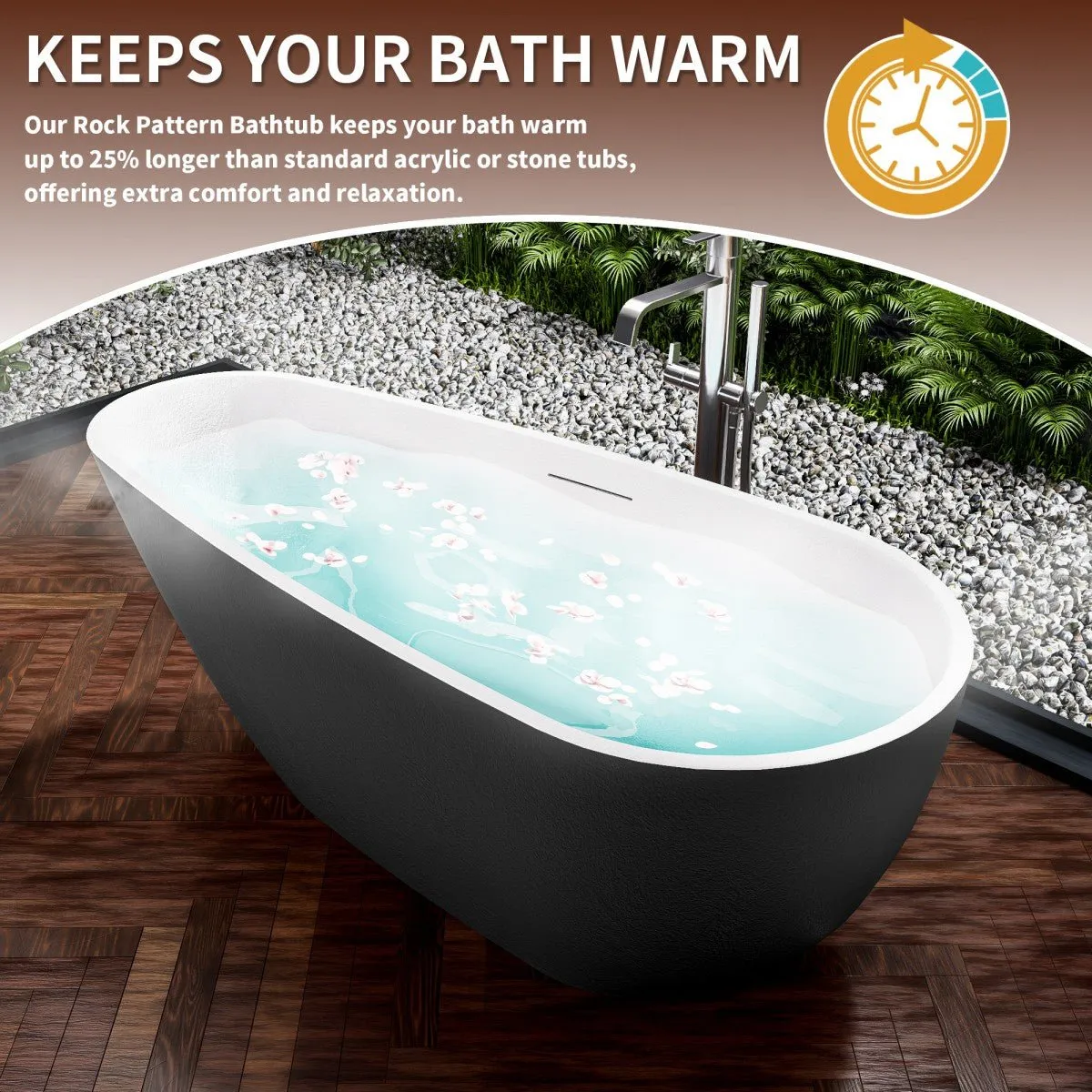 Allsumhome RockE 59" Imitation Natural Stone Freestanding Bathtub,Stone Touch,Black,Scratch-proof,cUPC Certified