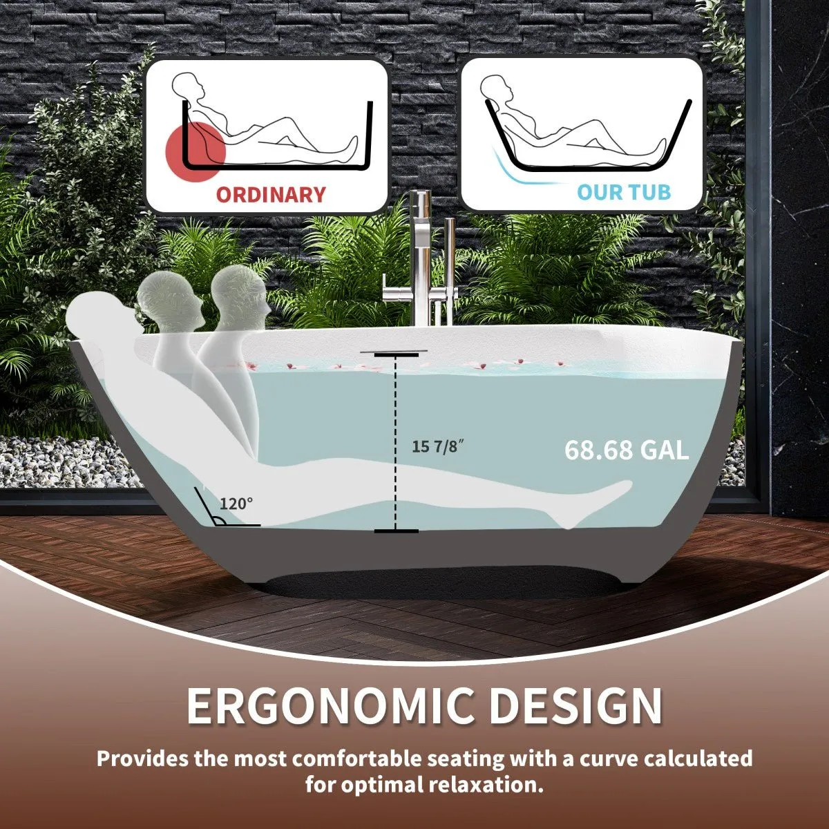 Allsumhome RockE 59" Imitation Natural Stone Freestanding Bathtub,Stone Touch,Black,Scratch-proof,cUPC Certified