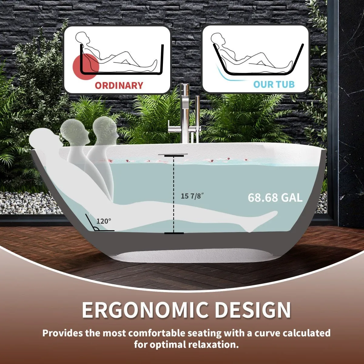 Allsumhome RockE 59" Imitation Natural Stone Freestanding Bathtub,Stone Touch,White,Scratch-proof,cUPC Certified,No Drain