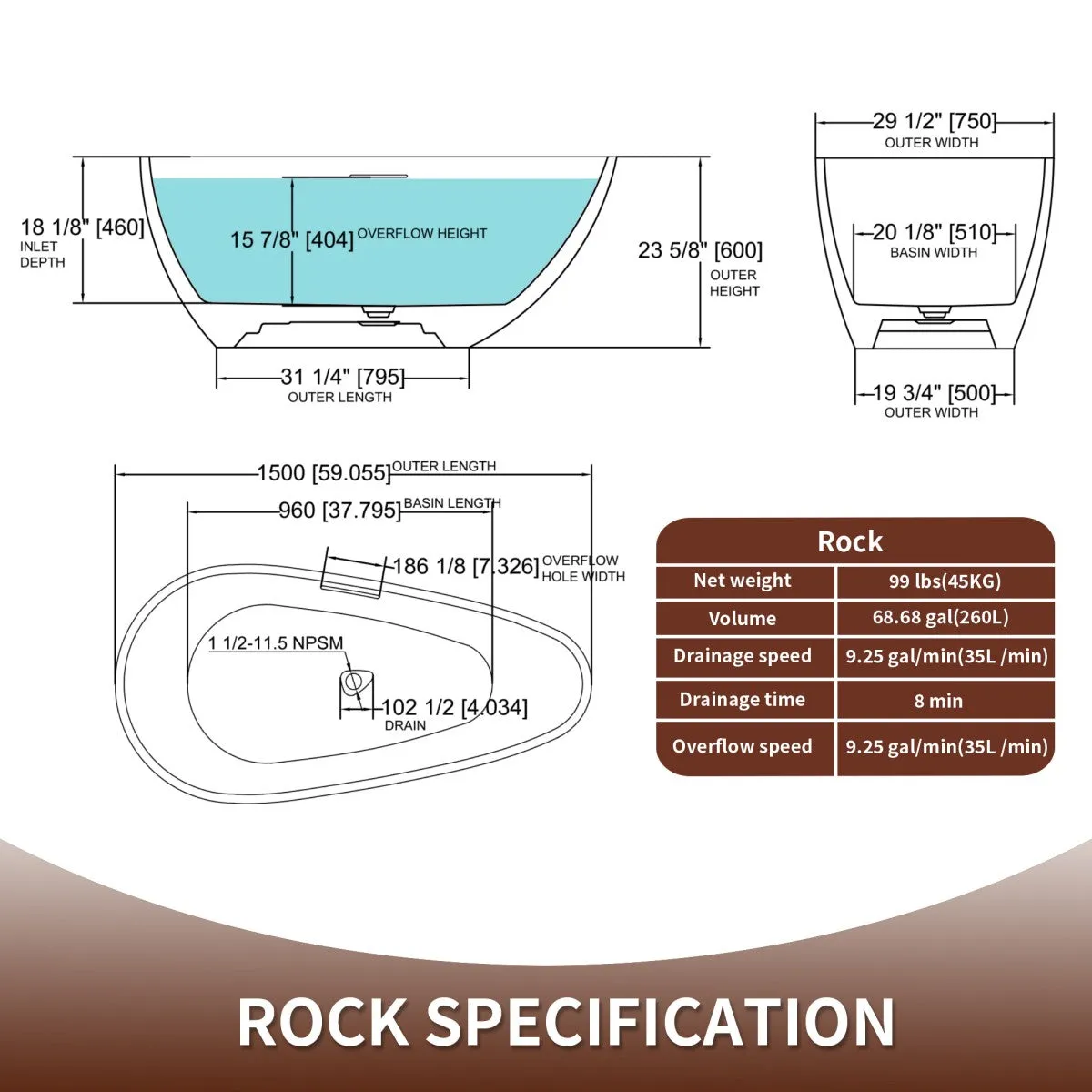 Allsumhome RockE 59" Imitation Natural Stone Freestanding Bathtub,Stone Touch,White,Scratch-proof,cUPC Certified,No Drain