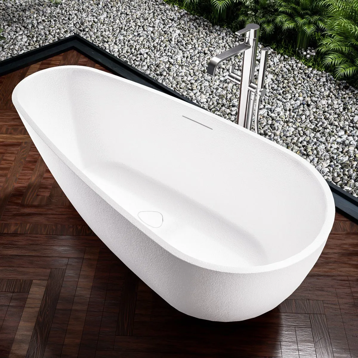 Allsumhome RockE 59" Imitation Natural Stone Freestanding Bathtub,Stone Touch,White,Scratch-proof,cUPC Certified,No Drain