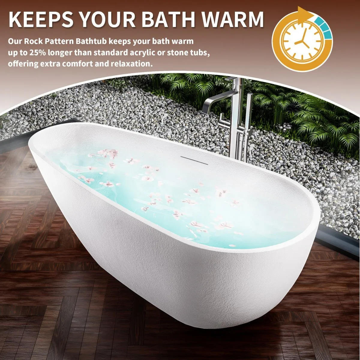 Allsumhome RockE 59" Imitation Natural Stone Freestanding Bathtub,Stone Touch,White,Scratch-proof,cUPC Certified,No Drain