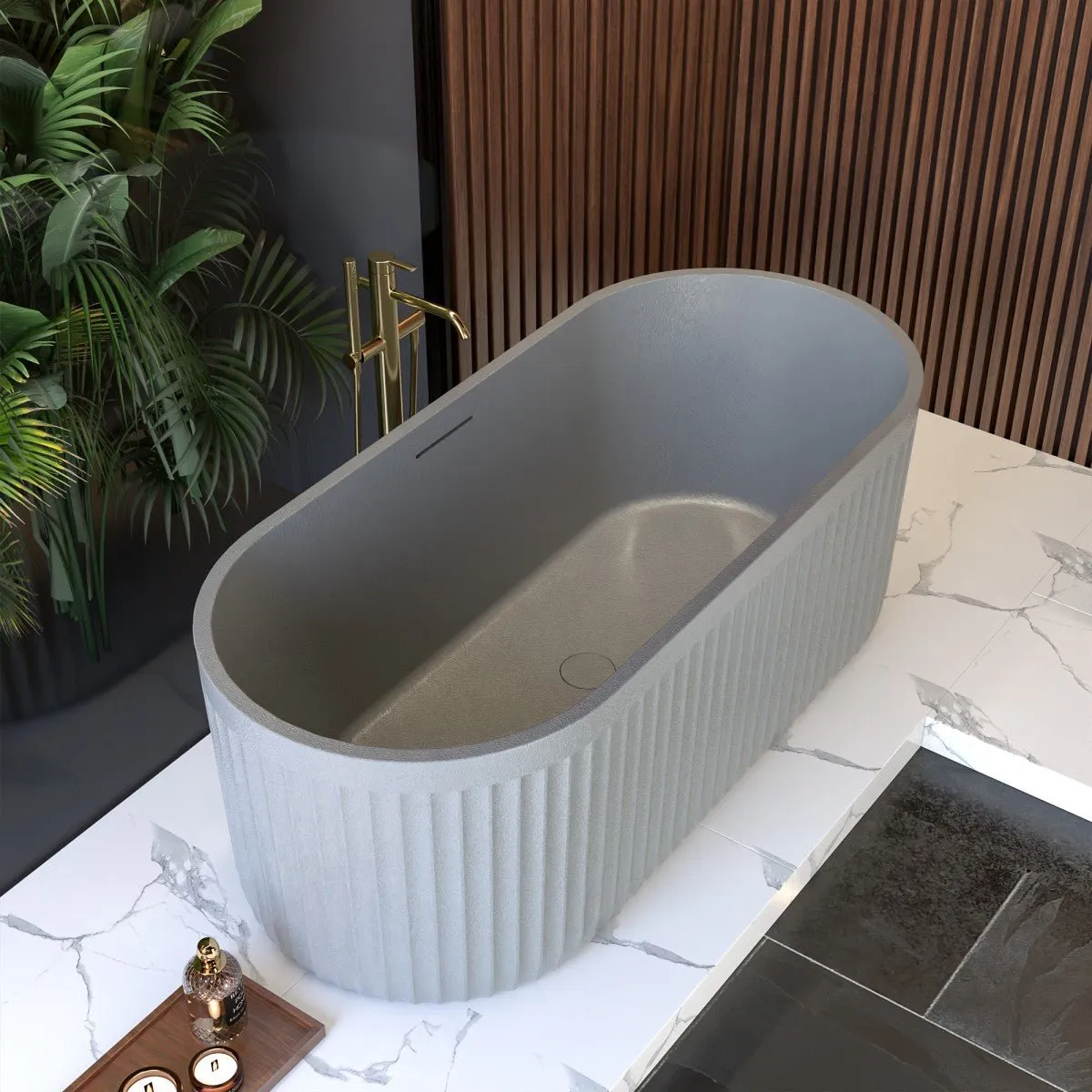 Allsumhome RockF 67" Oval Shape Imitation Natural Stone Freeing Soaking Bathtub,Stone Touch,Cement Grey,Scratch-proof,With cUPC