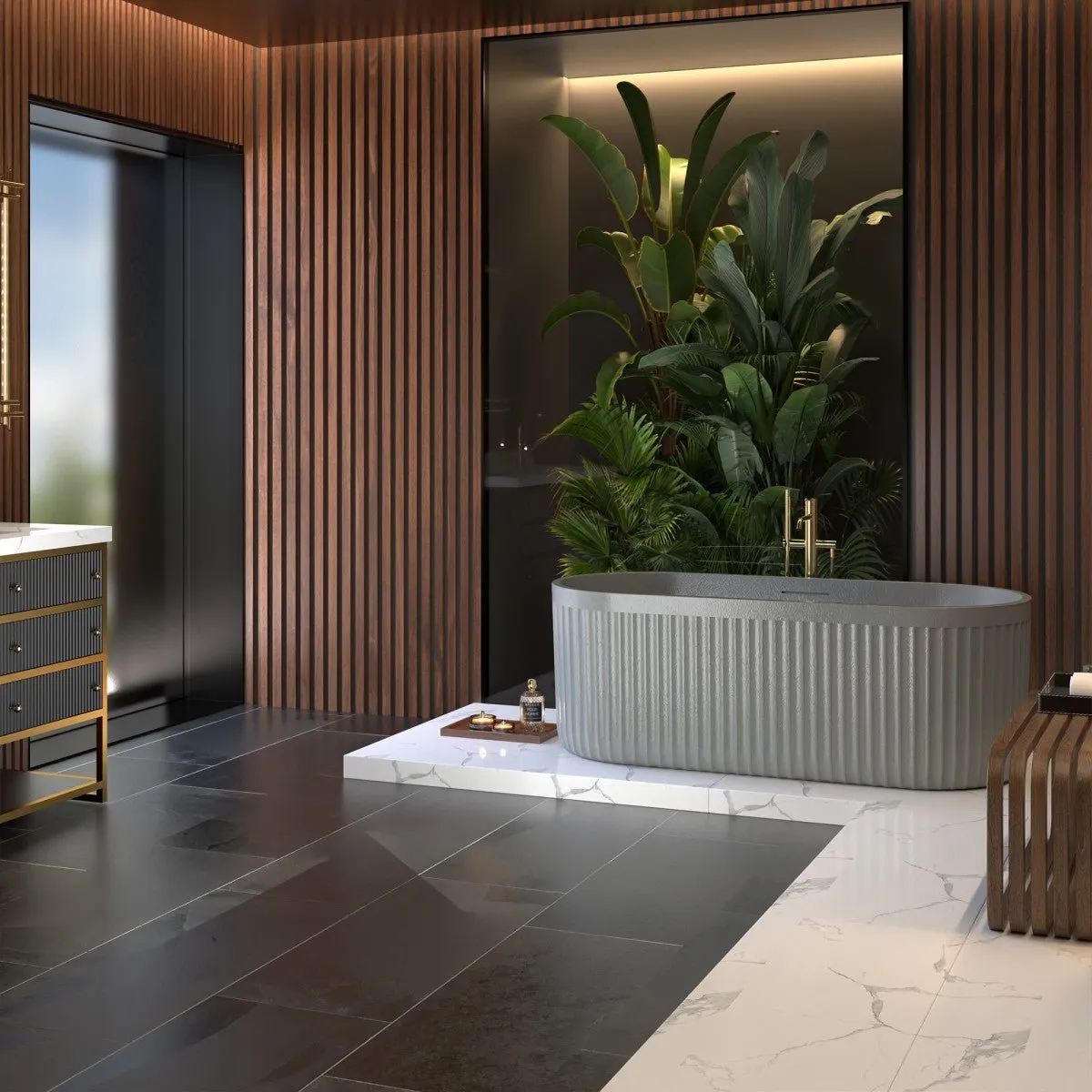 Allsumhome RockF 67" Oval Shape Imitation Natural Stone Freeing Soaking Bathtub,Stone Touch,Cement Grey,Scratch-proof,With cUPC