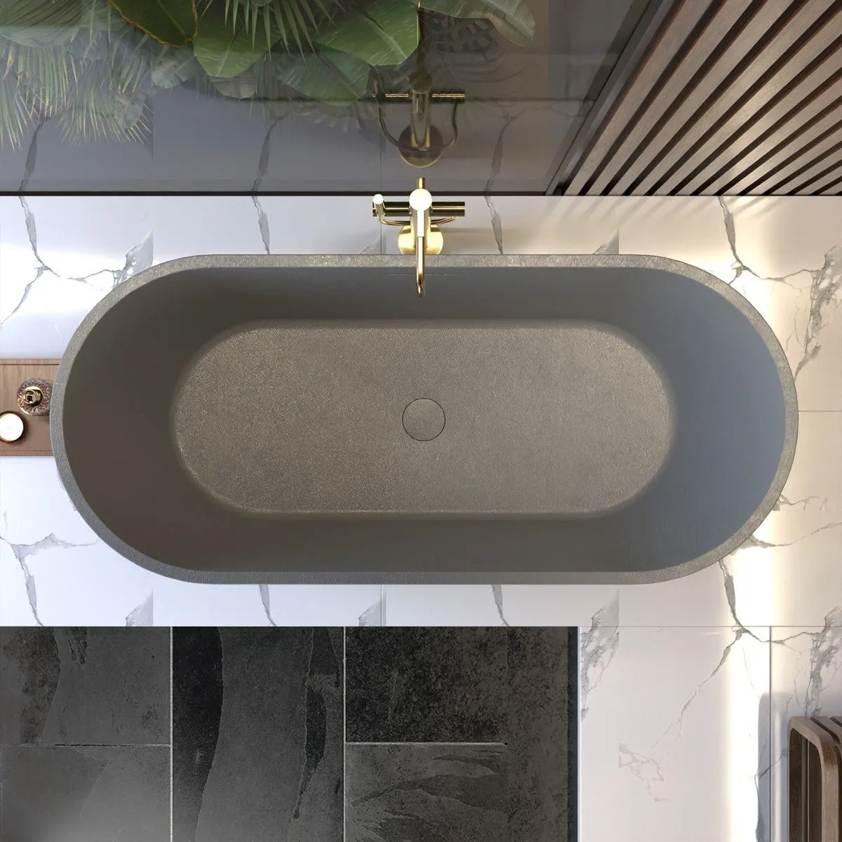 Allsumhome RockF 67" Oval Shape Imitation Natural Stone Freeing Soaking Bathtub,Stone Touch,Cement Grey,Scratch-proof,With cUPC