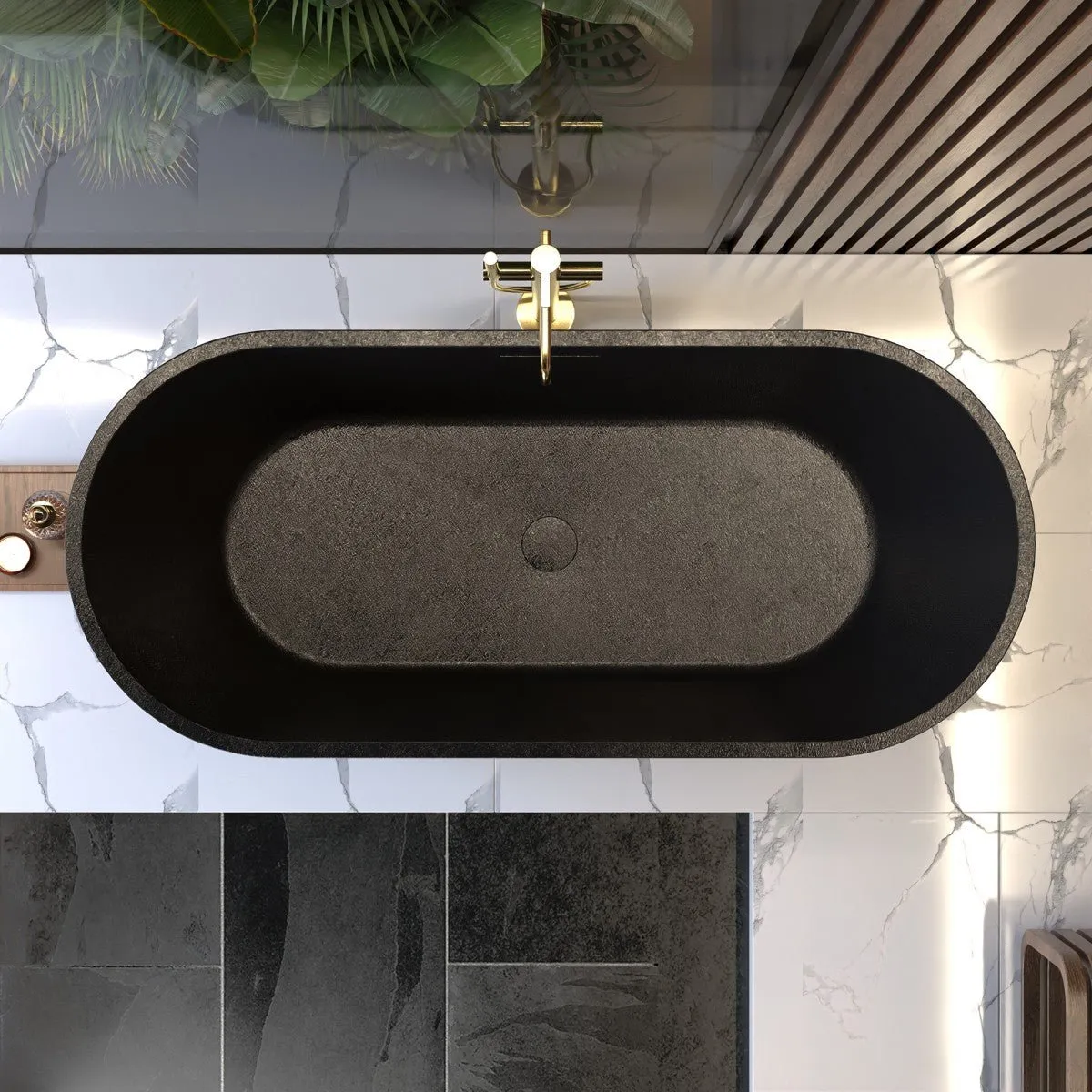 Allsumhome RockF 67" Oval Shape Imitation Natural Stone Freeing Soaking Bathtub,Stone Touch,Pure black,Scratch-proof,With cUPC