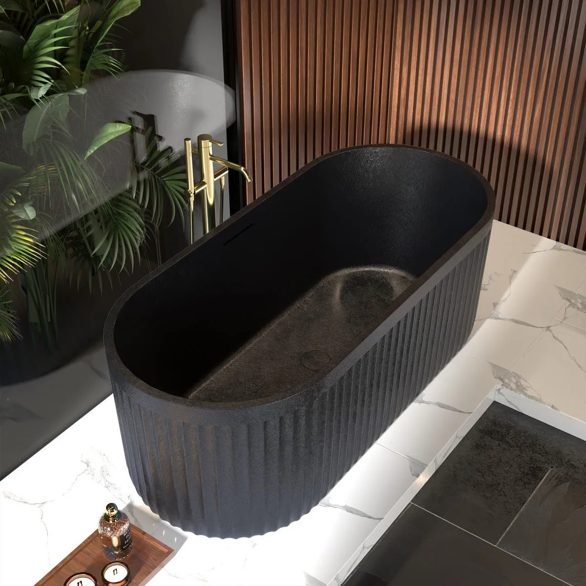 Allsumhome RockF 67" Oval Shape Imitation Natural Stone Freeing Soaking Bathtub,Stone Touch,Pure black,Scratch-proof,With cUPC
