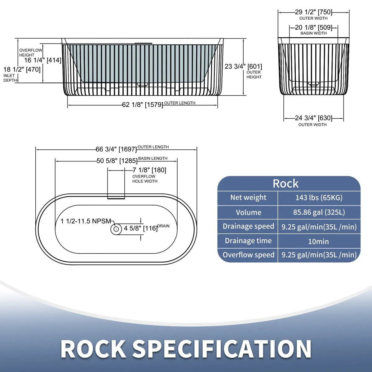 Allsumhome RockF 67" Oval Shape Imitation Natural Stone Freeing Soaking Bathtub,Stone Touch,Pure black,Scratch-proof,With cUPC