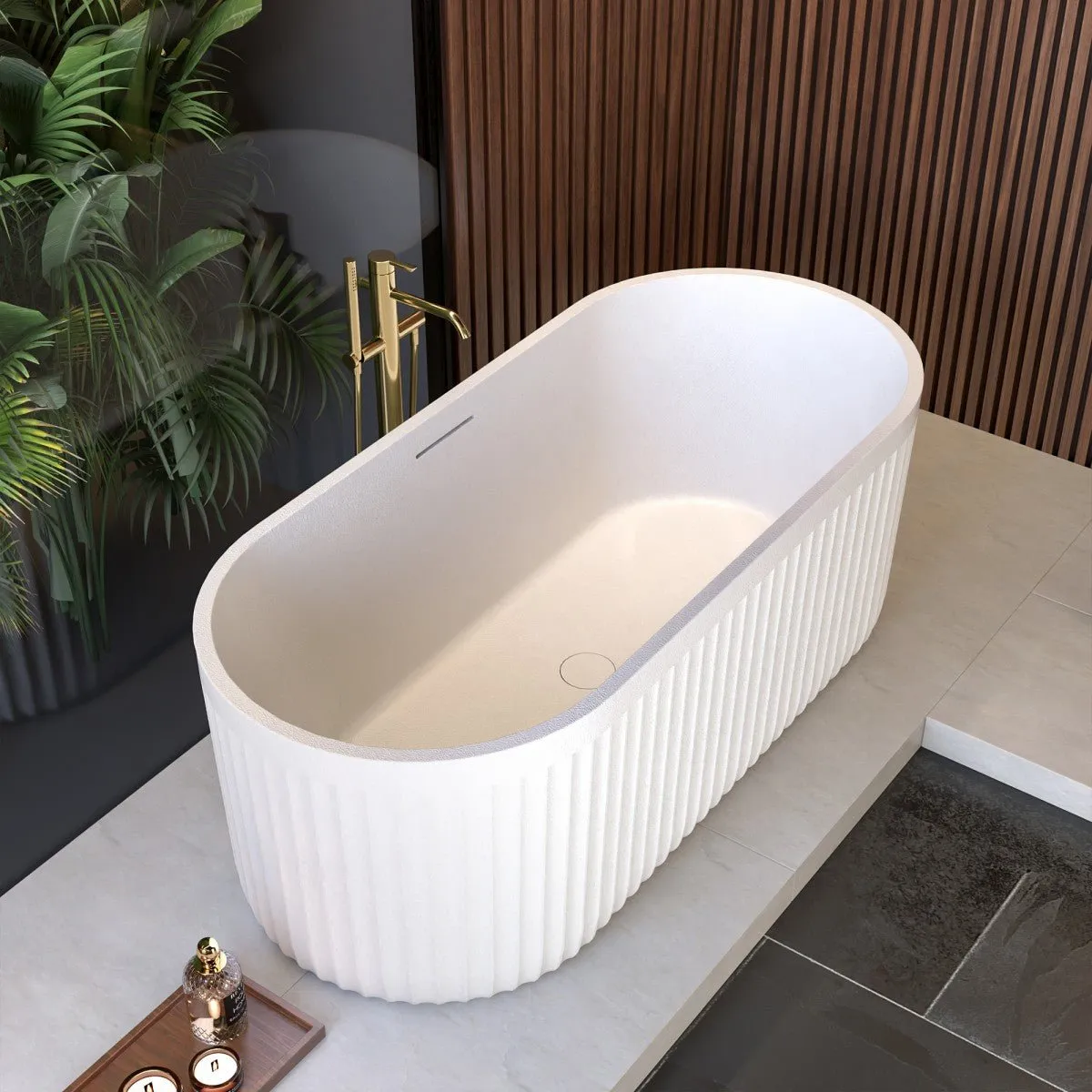 Allsumhome RockF 67" Oval Shape Imitation Natural Stone Freeing Soaking Bathtub,Stone Touch,White,Scratch-proof,With cUPC