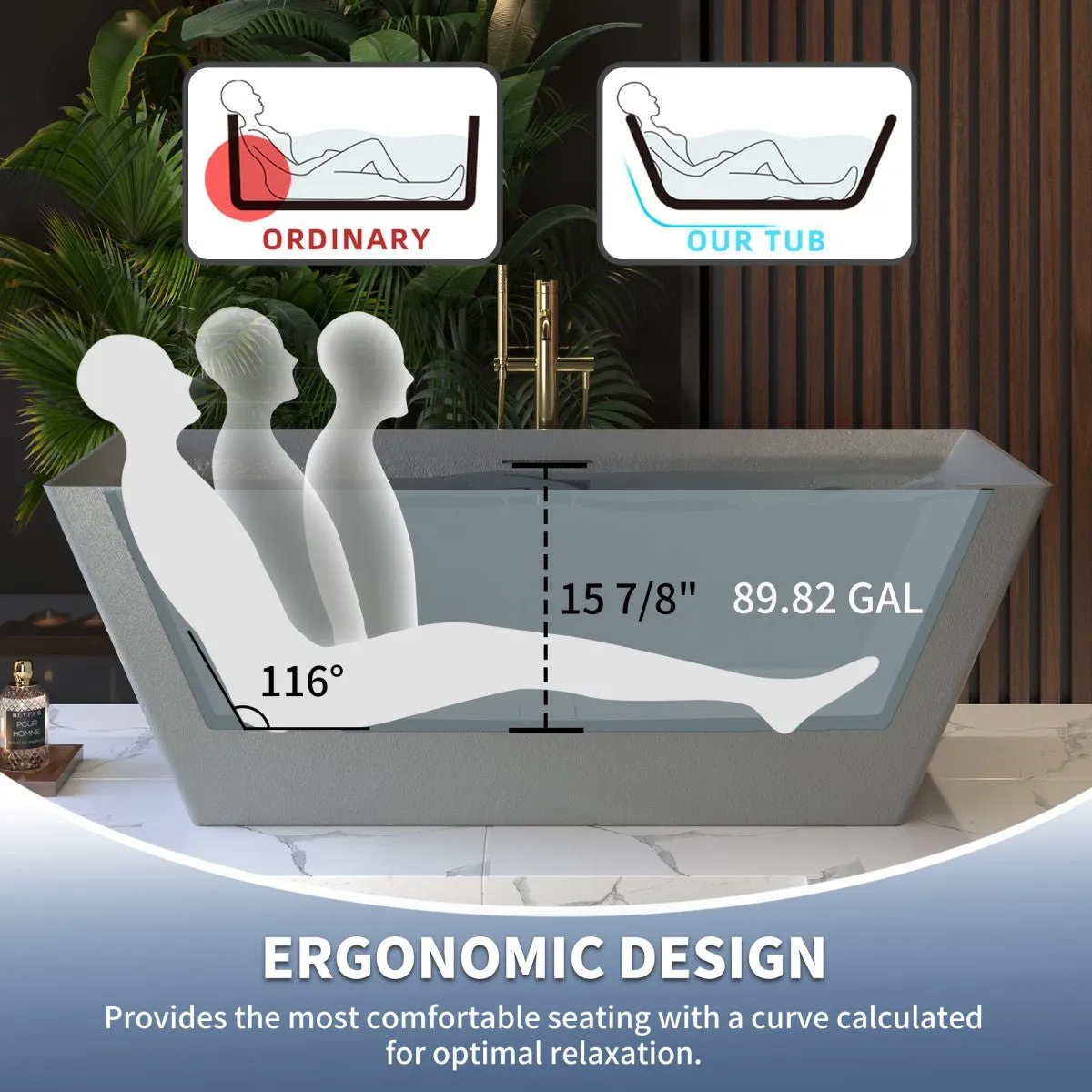 Allsumhome RockR 67" Rectangle Imitation Natural Stone Freeing Soaking Bathtub,Stone Touch,Cement Grey,Scratch-proof,With cUPC