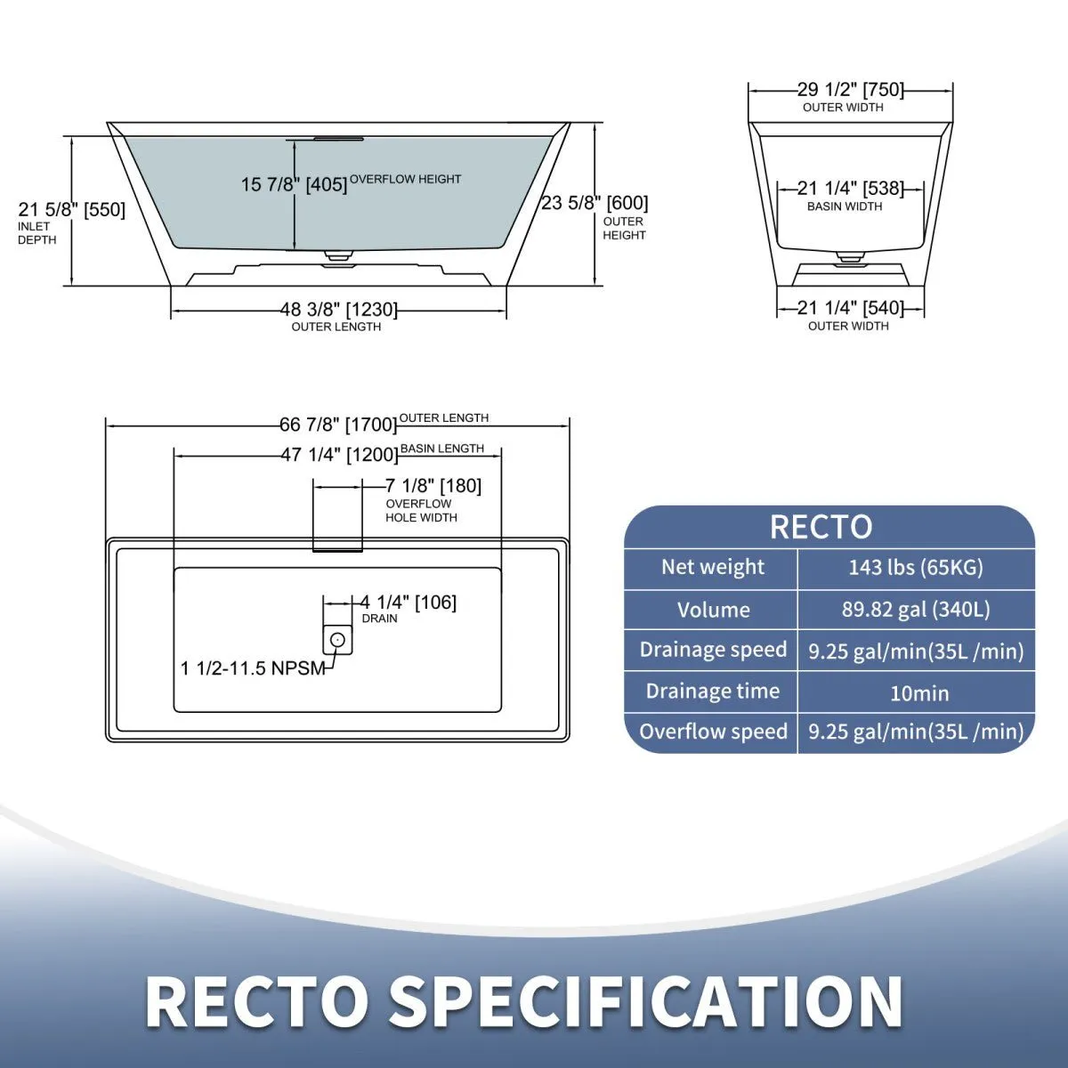 Allsumhome RockR 67" Rectangle Imitation Natural Stone Freeing Soaking Bathtub,Stone Touch,Pure black,Scratch-proof,With cUPC