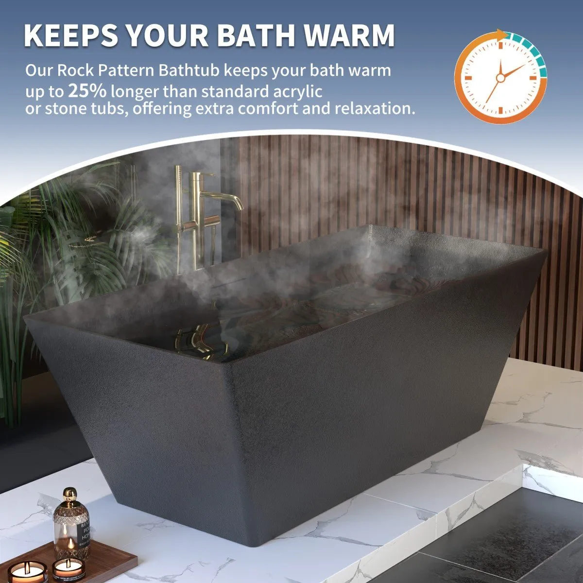 Allsumhome RockR 67" Rectangle Imitation Natural Stone Freeing Soaking Bathtub,Stone Touch,Pure black,Scratch-proof,With cUPC