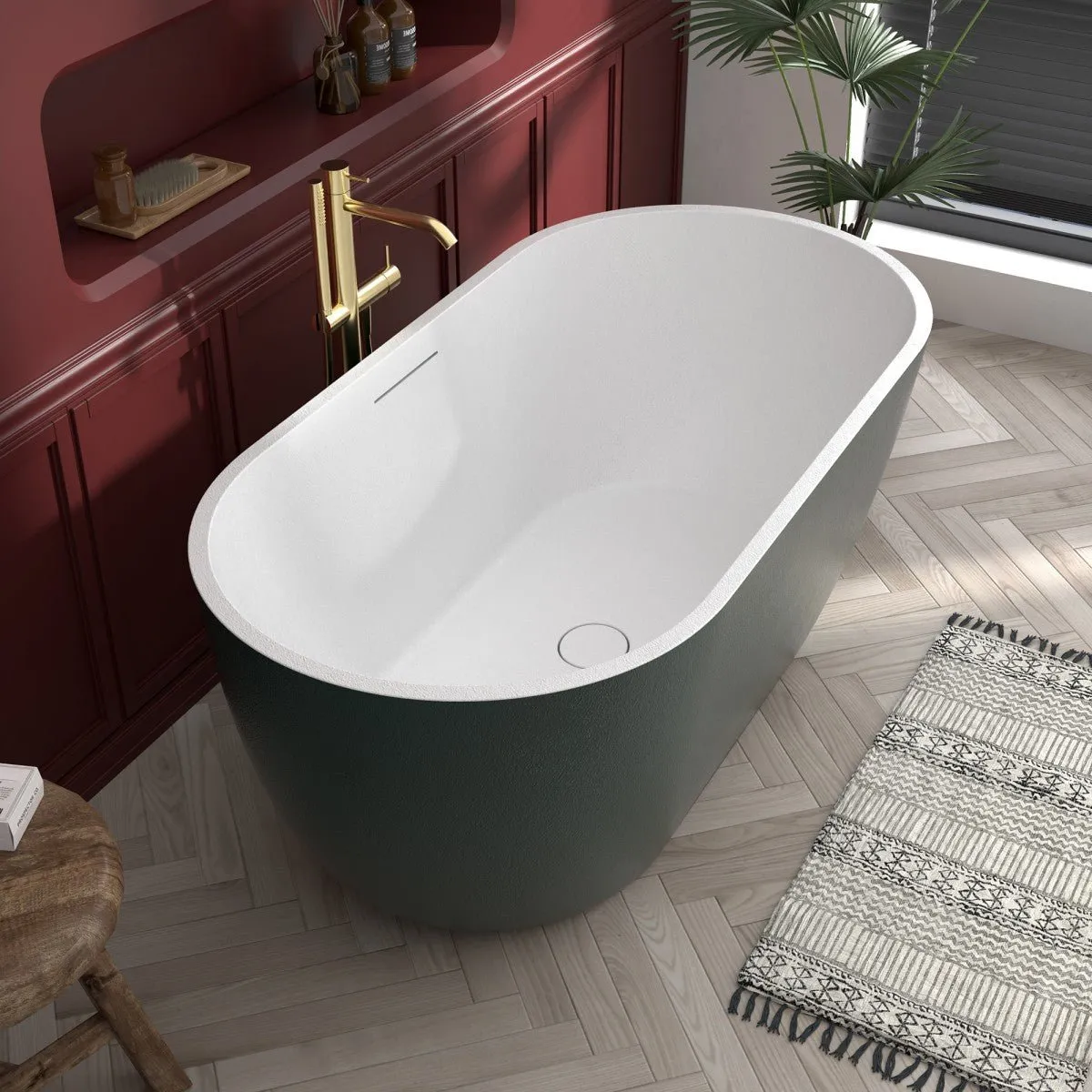 Allsumhome RockX 59" Imitation Natural Stone Freestanding Bathtub,Avocado green,Stone Touch,Scratch-proof,Large Overflow Port