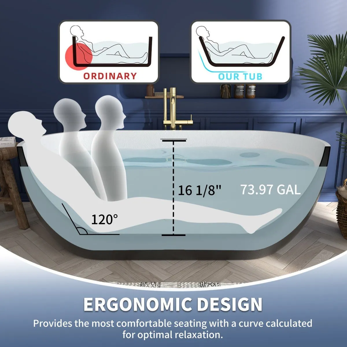 Allsumhome RockX 59" Imitation Natural Stone Freestanding Bathtub,Stone Touch,Black,Scratch-proof,Large Overflow Port