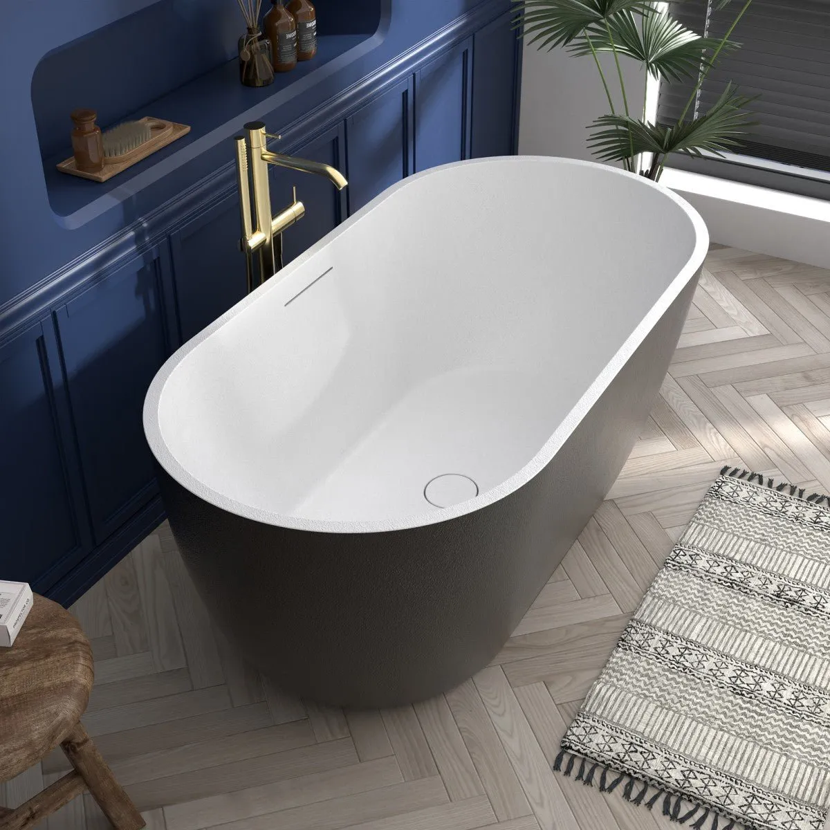 Allsumhome RockX 59" Imitation Natural Stone Freestanding Bathtub,Stone Touch,Black,Scratch-proof,Large Overflow Port