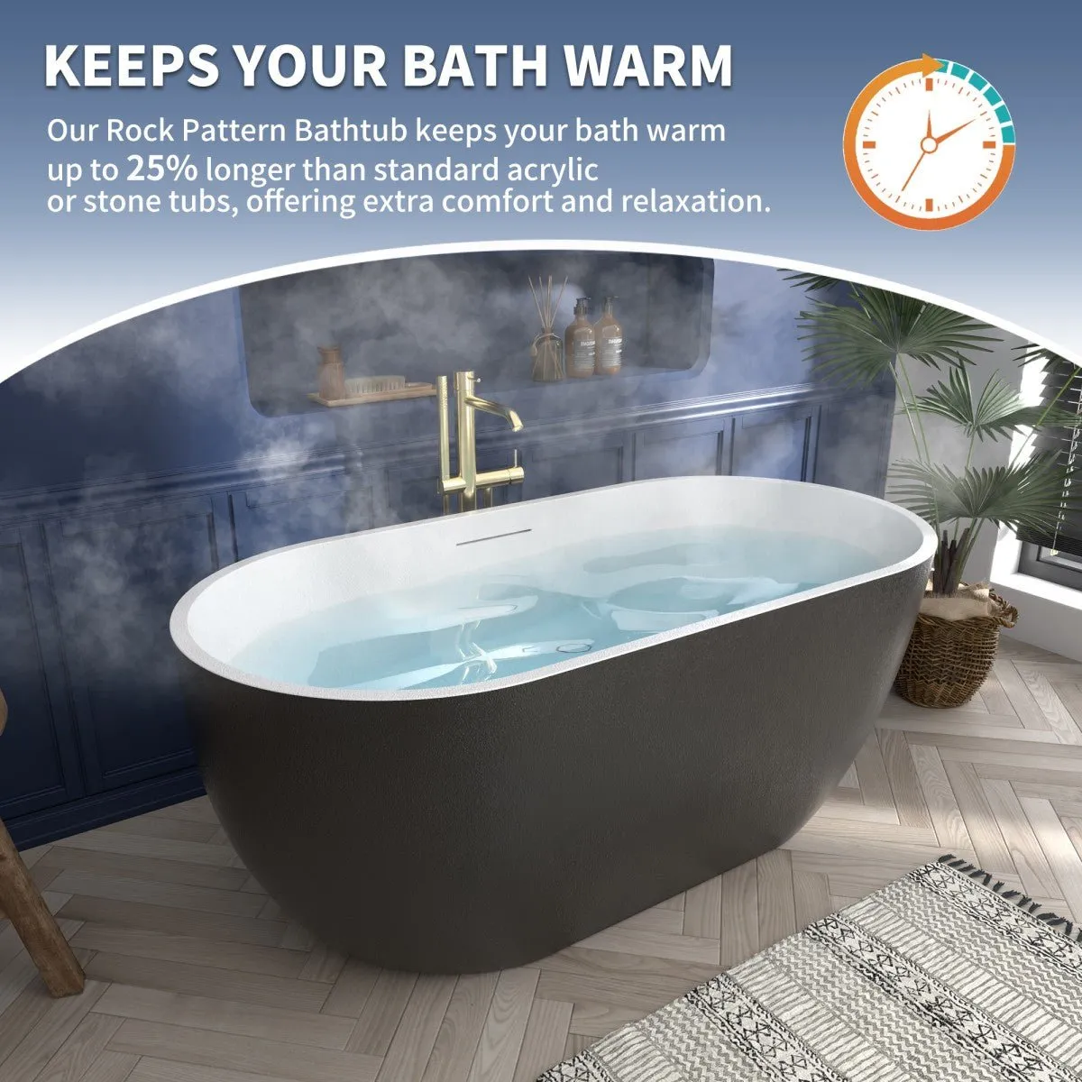 Allsumhome RockX 59" Imitation Natural Stone Freestanding Bathtub,Stone Touch,Black,Scratch-proof,Large Overflow Port