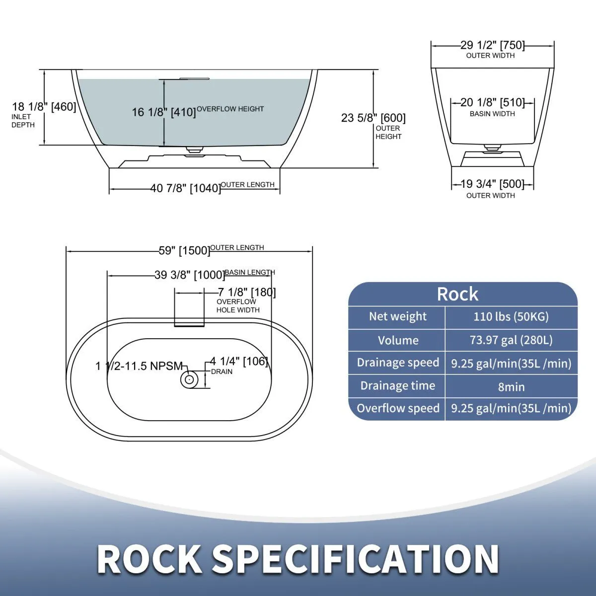 Allsumhome RockX 59" Imitation Natural Stone Freestanding Bathtub,Stone Touch,Black,Scratch-proof,Large Overflow Port