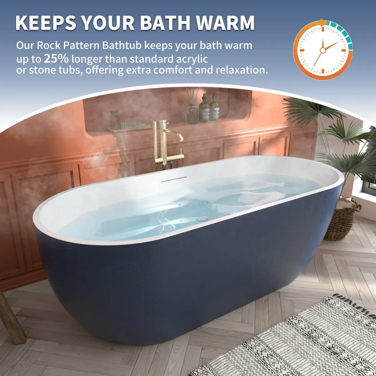 Allsumhome RockX 67" Imitation Natural Stone Freestanding Bathtub,Stone Touch,Prussian blue,Scratch-proof,Large Overflow Port