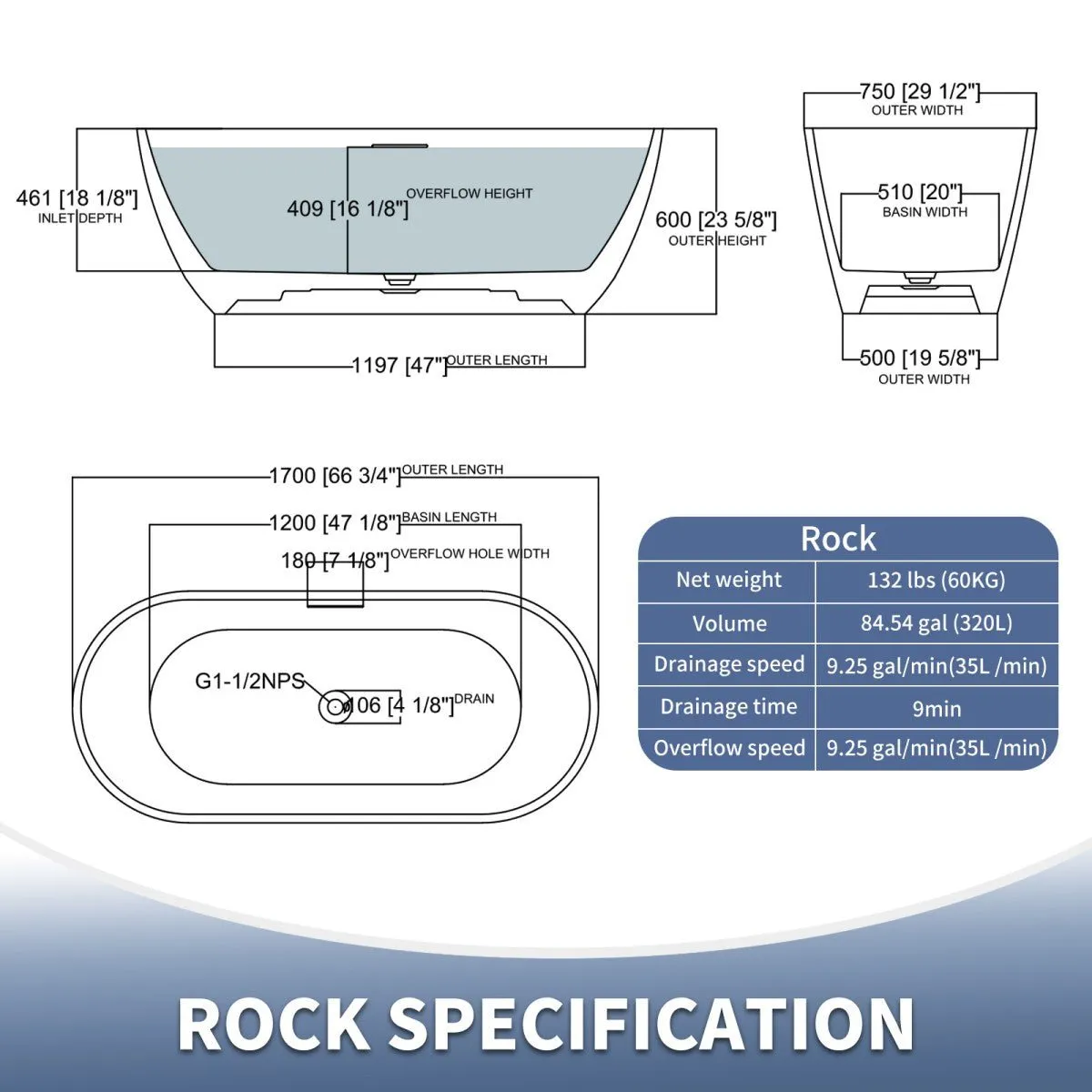 Allsumhome RockX 67" Imitation Natural Stone Freestanding Bathtub,Stone Touch,Prussian blue,Scratch-proof,Large Overflow Port