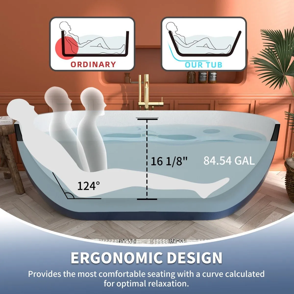 Allsumhome RockX 67" Imitation Natural Stone Freestanding Bathtub,Stone Touch,Prussian blue,Scratch-proof,Large Overflow Port
