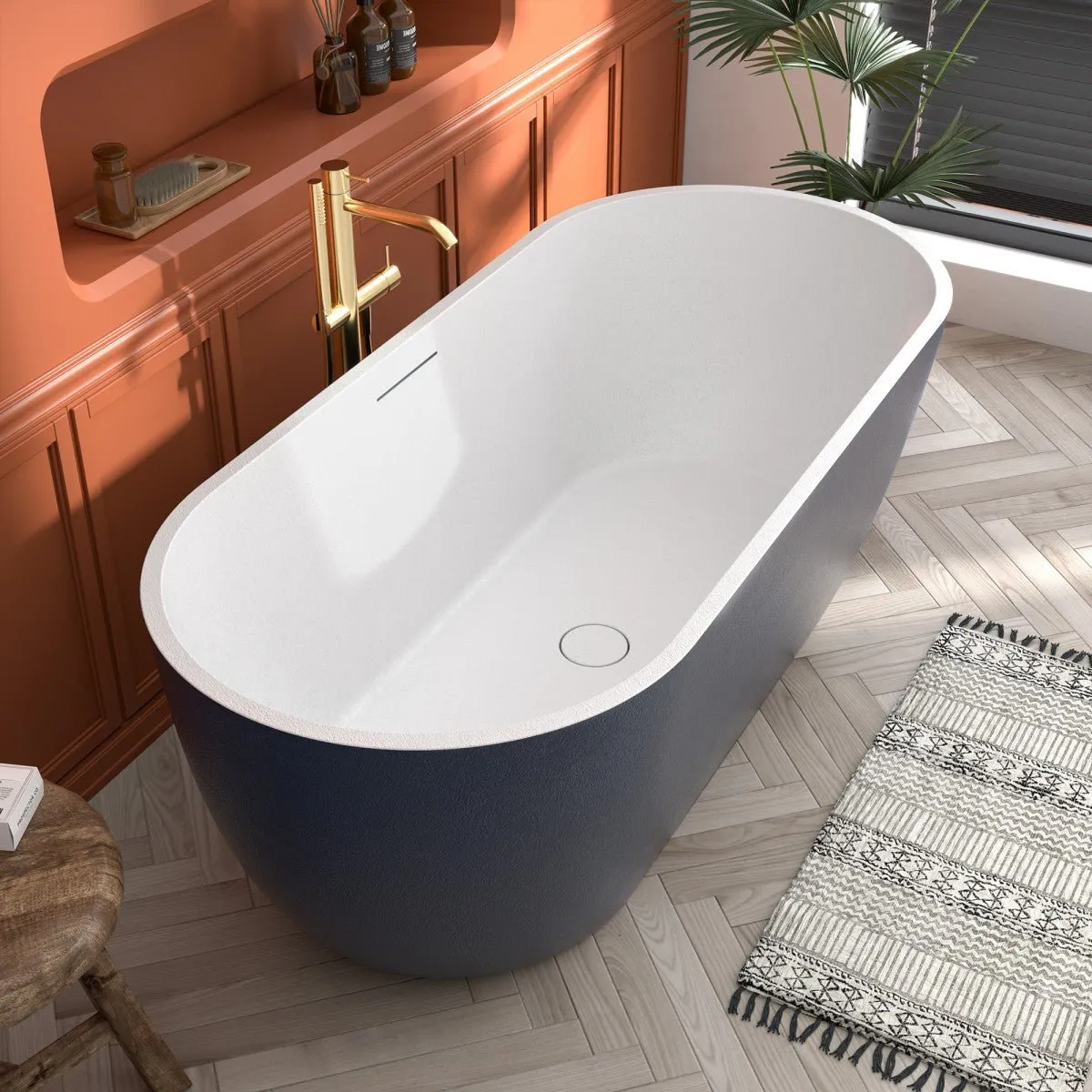 Allsumhome RockX 67" Imitation Natural Stone Freestanding Bathtub,Stone Touch,Prussian blue,Scratch-proof,Large Overflow Port