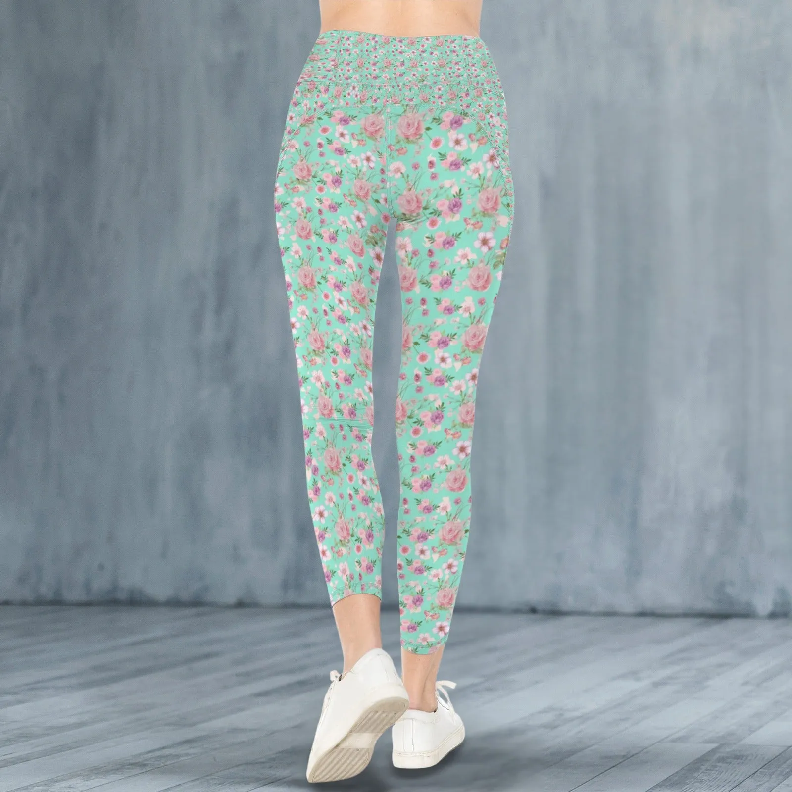 Aqua Floral Leggings with Pockets up to 5 XL (FWS)