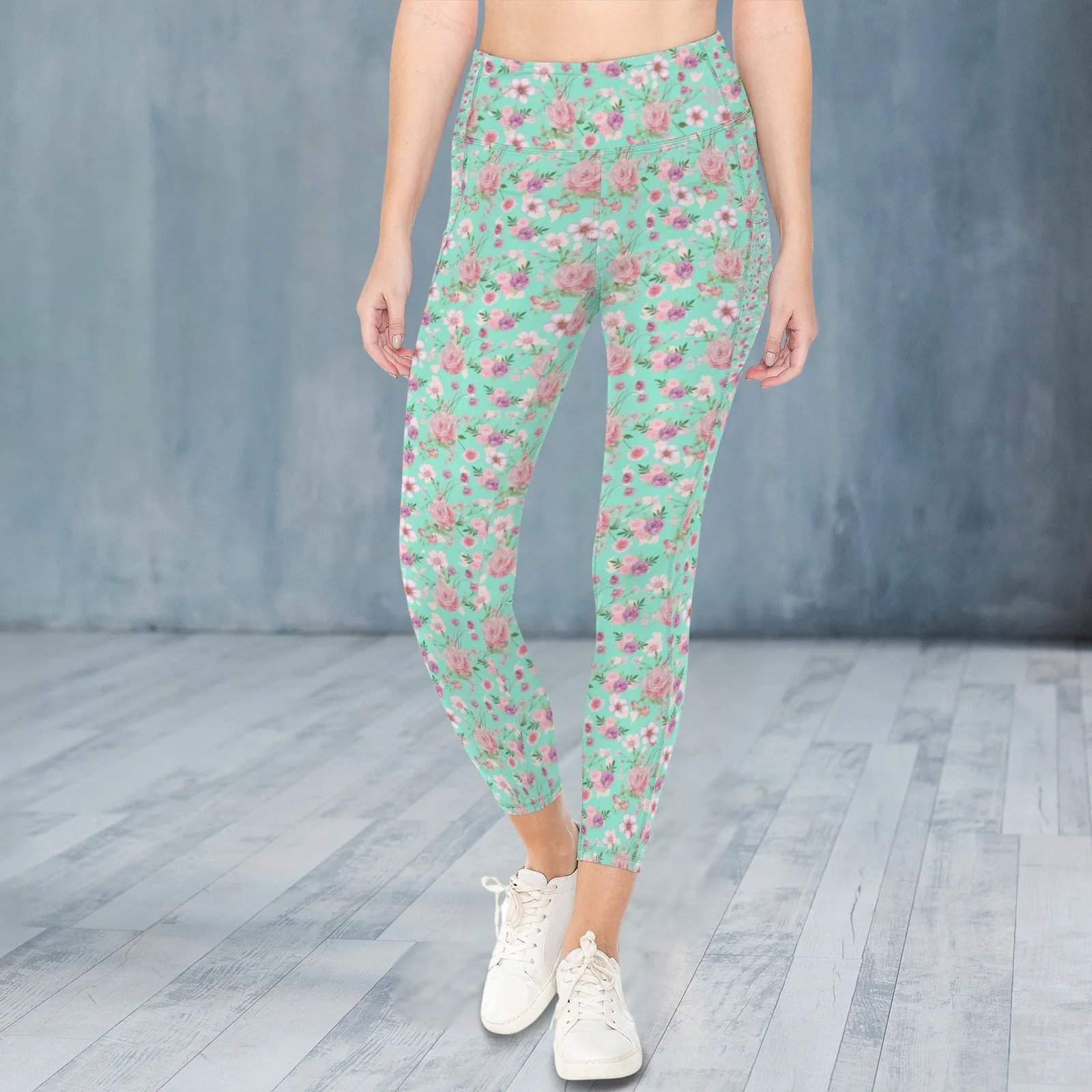 Aqua Floral Leggings with Pockets up to 5 XL (FWS)