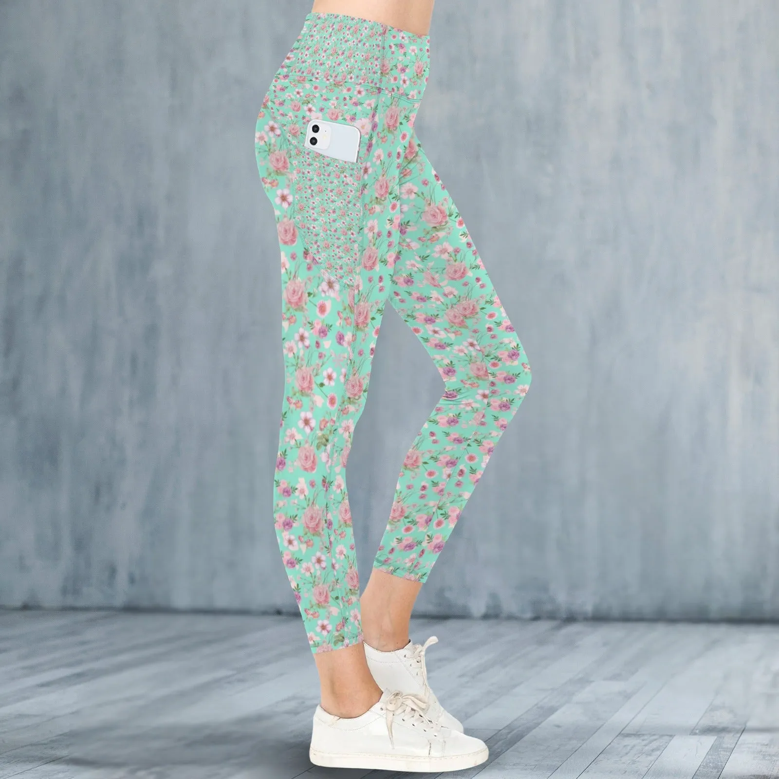 Aqua Floral Leggings with Pockets up to 5 XL (FWS)