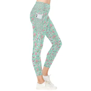Aqua Floral Leggings with Pockets up to 5 XL (FWS)