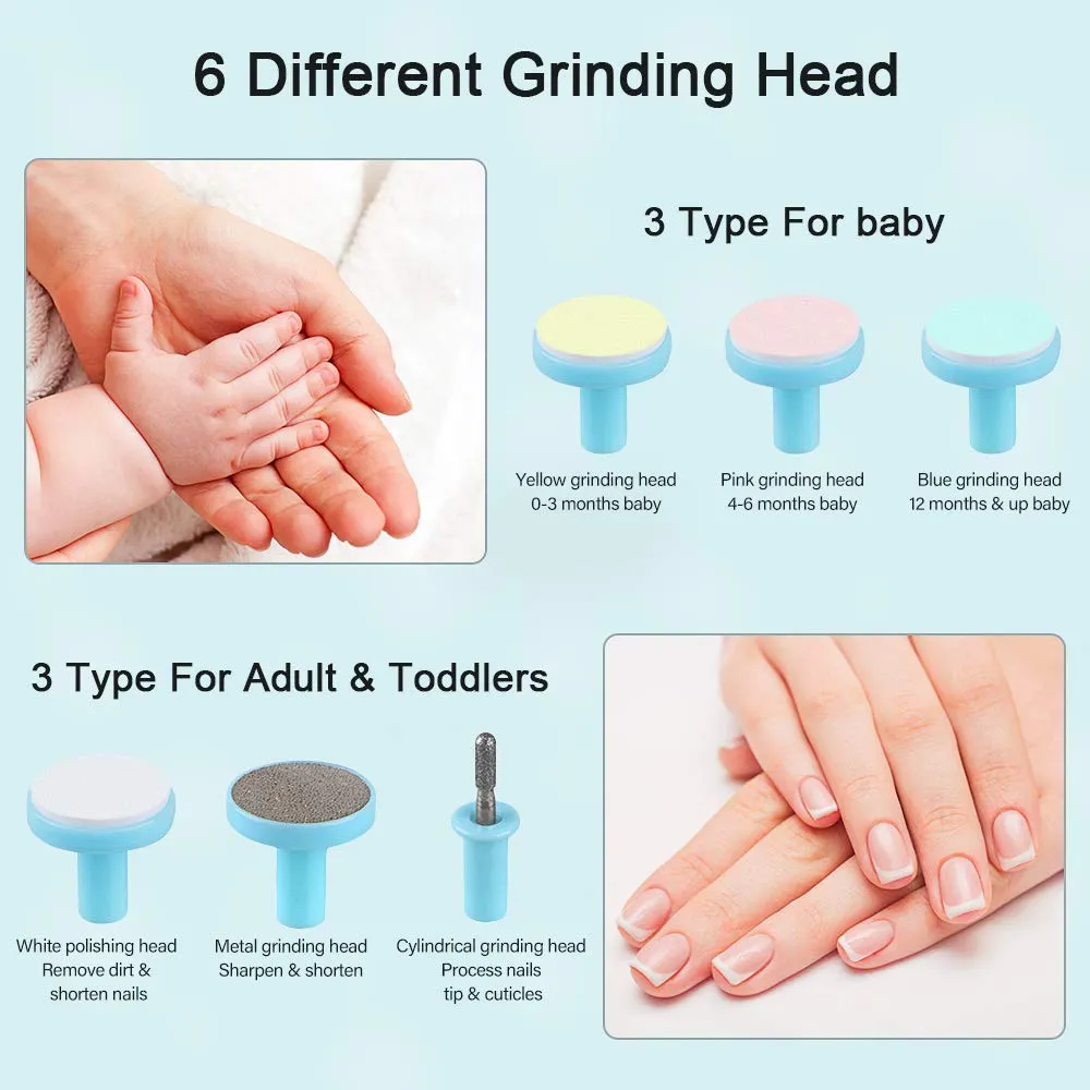 Baby Nail File, RIGHTWELL Electric Baby Nail Clipper with LED Front Light - Safe and Quiet, Baby Nail Trimmer with 6 Grinding Heads for Newborn, Infant Toddler Kids