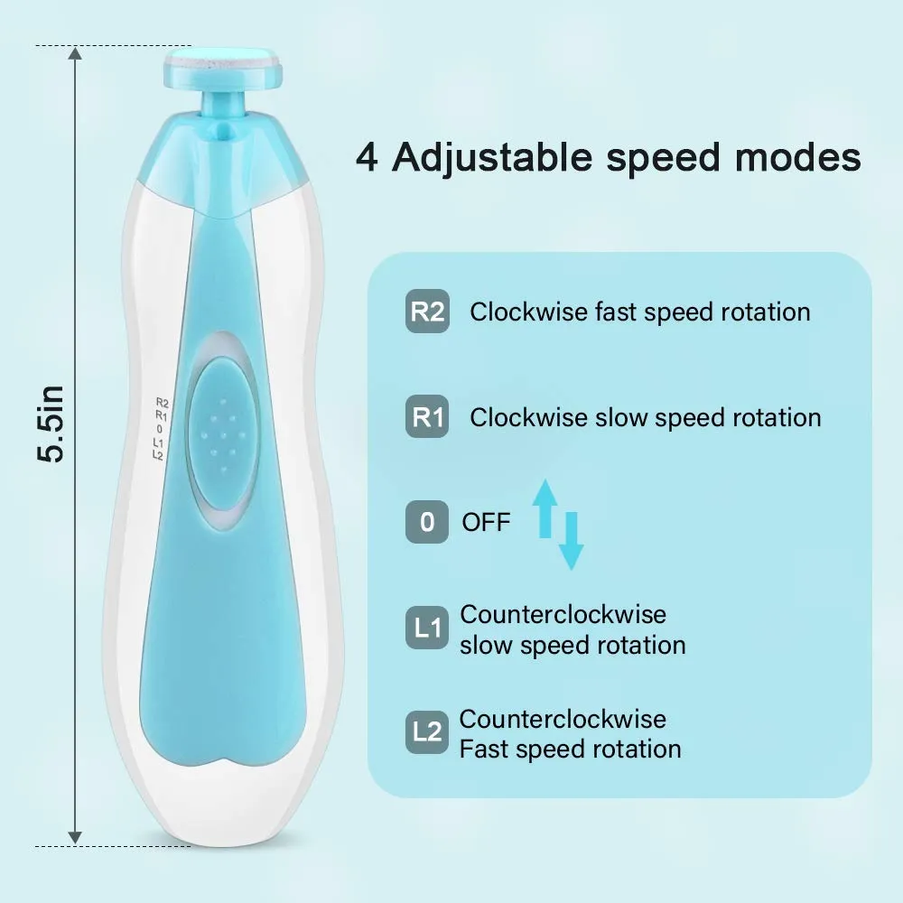 Baby Nail File, RIGHTWELL Electric Baby Nail Clipper with LED Front Light - Safe and Quiet, Baby Nail Trimmer with 6 Grinding Heads for Newborn, Infant Toddler Kids