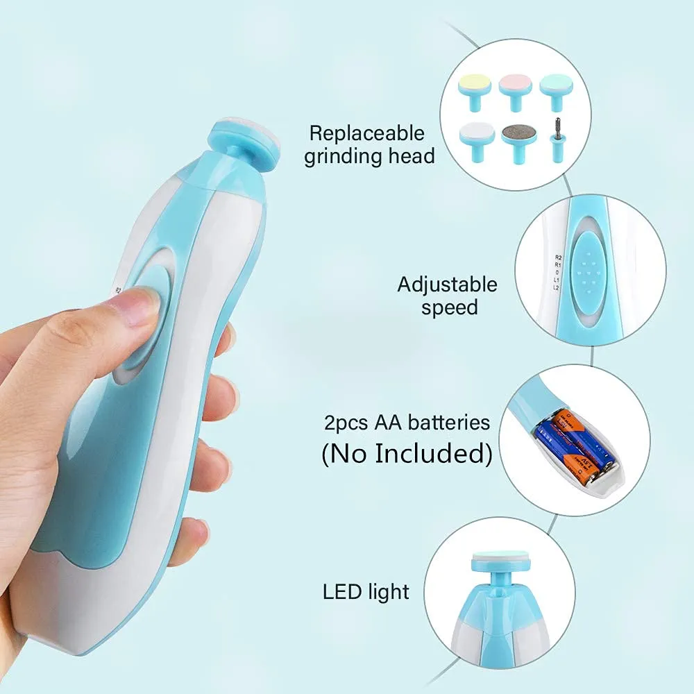 Baby Nail File, RIGHTWELL Electric Baby Nail Clipper with LED Front Light - Safe and Quiet, Baby Nail Trimmer with 6 Grinding Heads for Newborn, Infant Toddler Kids