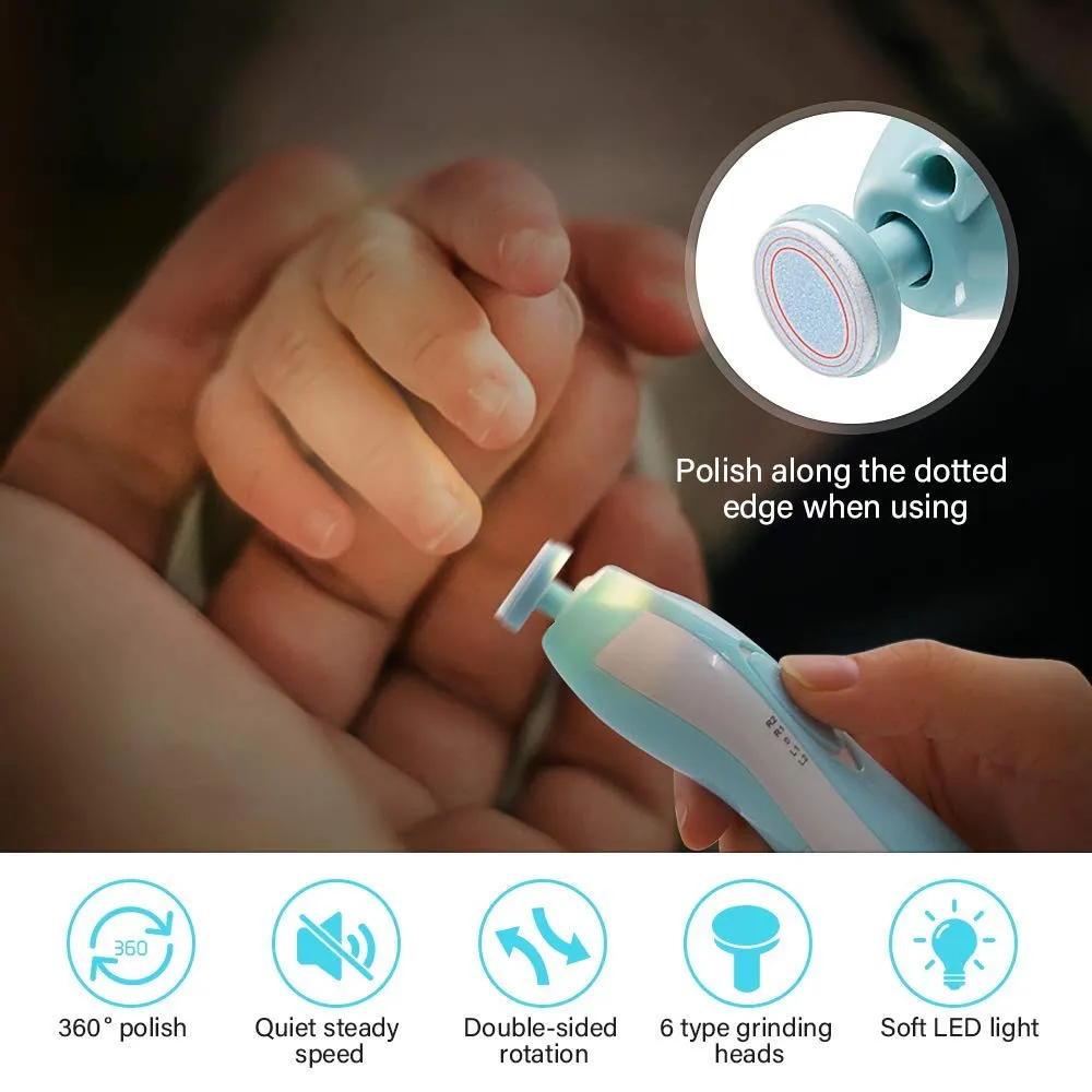 Baby Nail File, RIGHTWELL Electric Baby Nail Clipper with LED Front Light - Safe and Quiet, Baby Nail Trimmer with 6 Grinding Heads for Newborn, Infant Toddler Kids