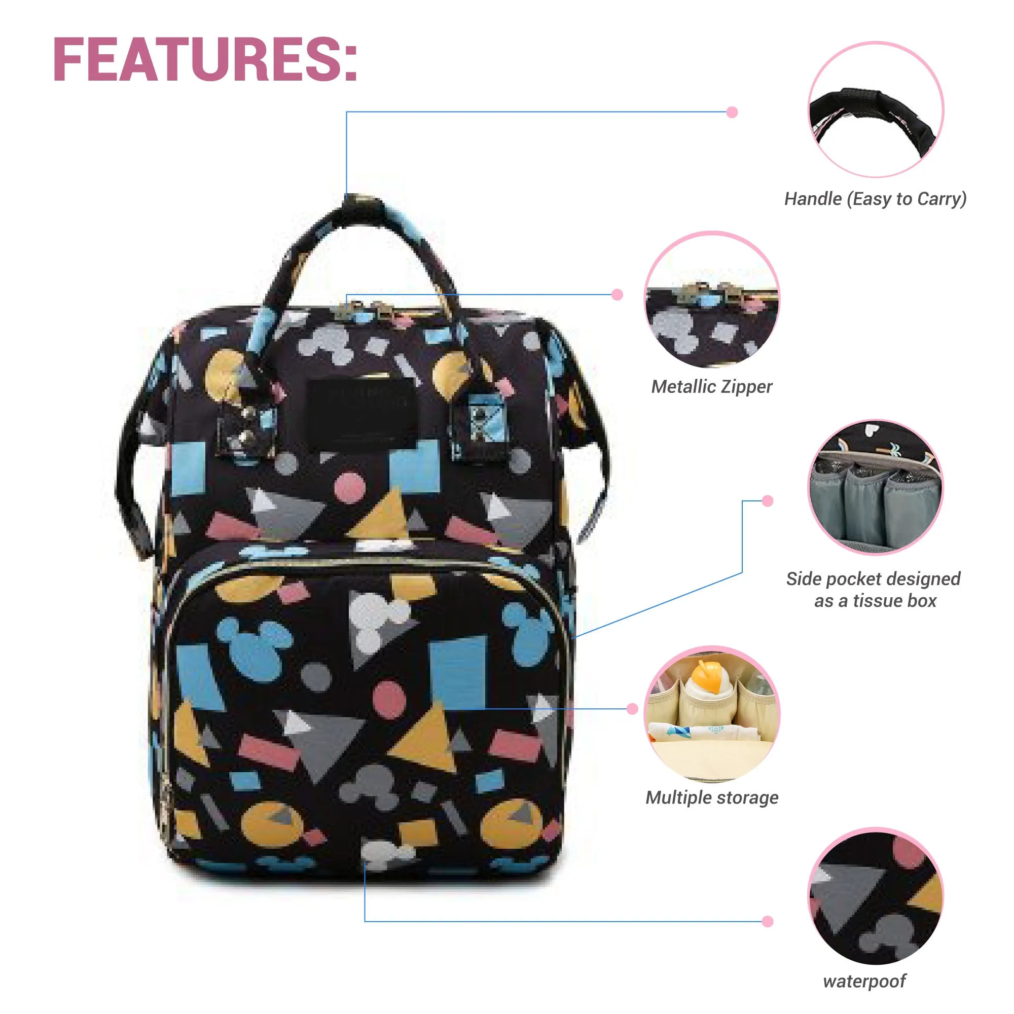 Babymoon Mother Diaper Bag Lightweight Multifunctional Travel Unisex Diaper Backpack | Black Mickey