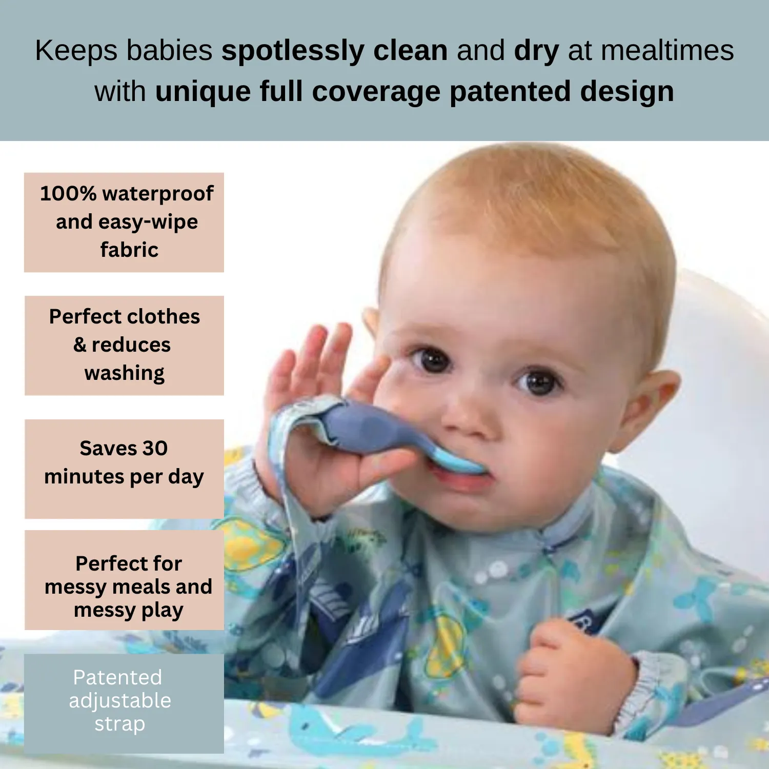 Bibado Long-Sleeve Coverall Weaning Bib Oceans of Fun Dark Blue