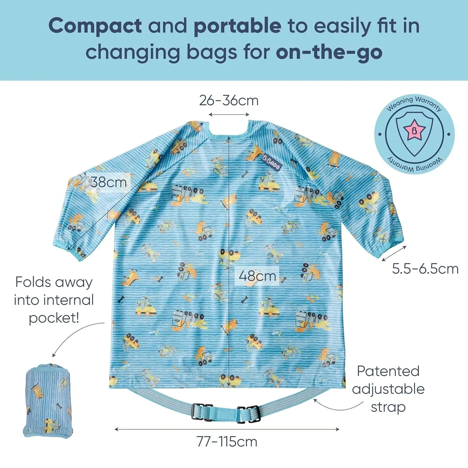 Bibado Long -sleeve Coverall Weaning Bib Speedy Dinos Turquoise