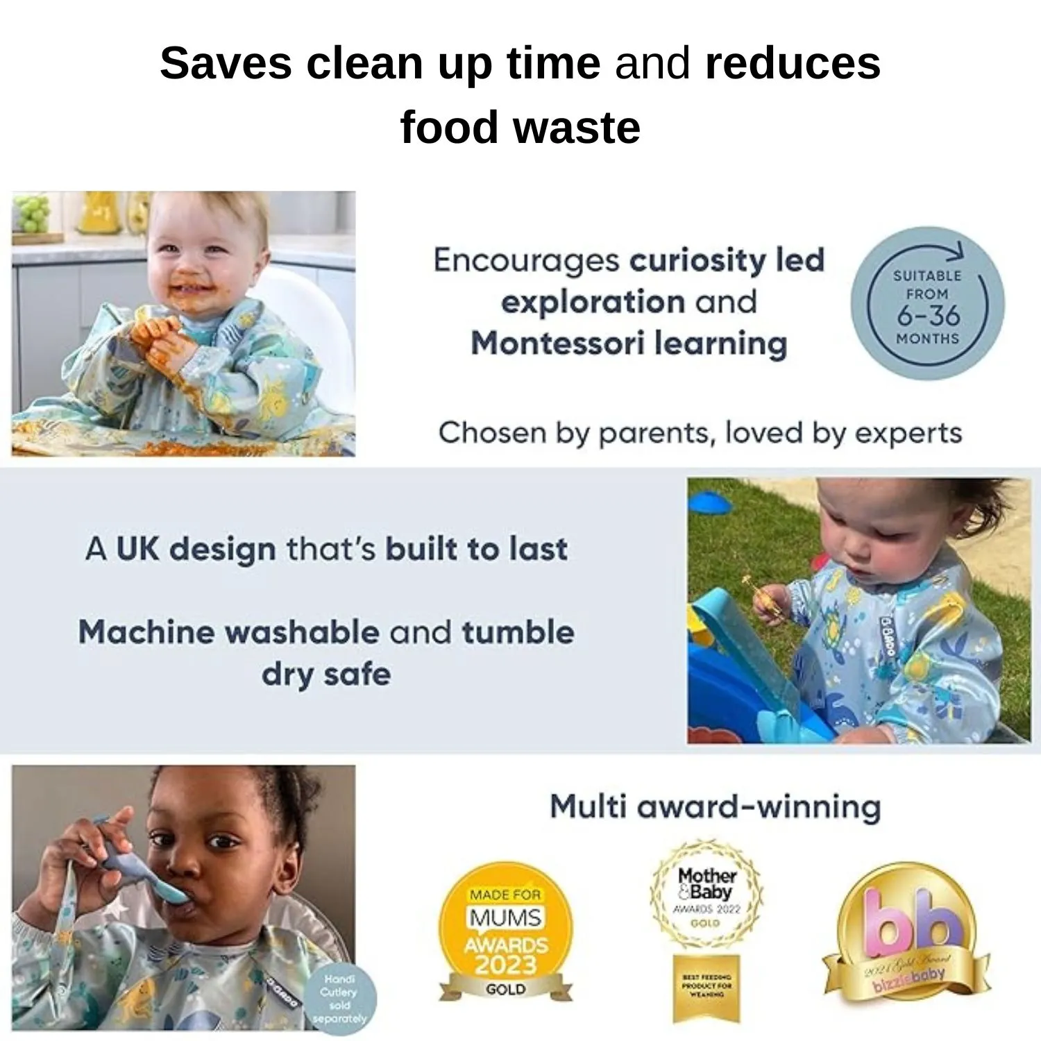 Bibado Long -sleeve Coverall Weaning Bib Speedy Dinos Turquoise