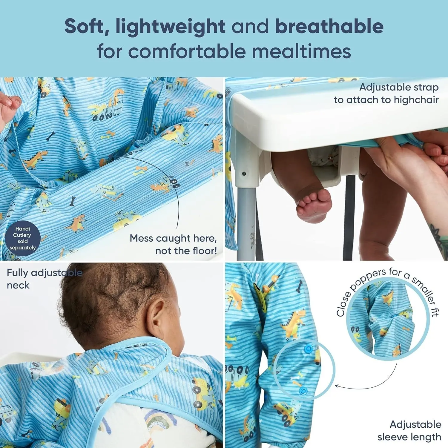 Bibado Long -sleeve Coverall Weaning Bib Speedy Dinos Turquoise
