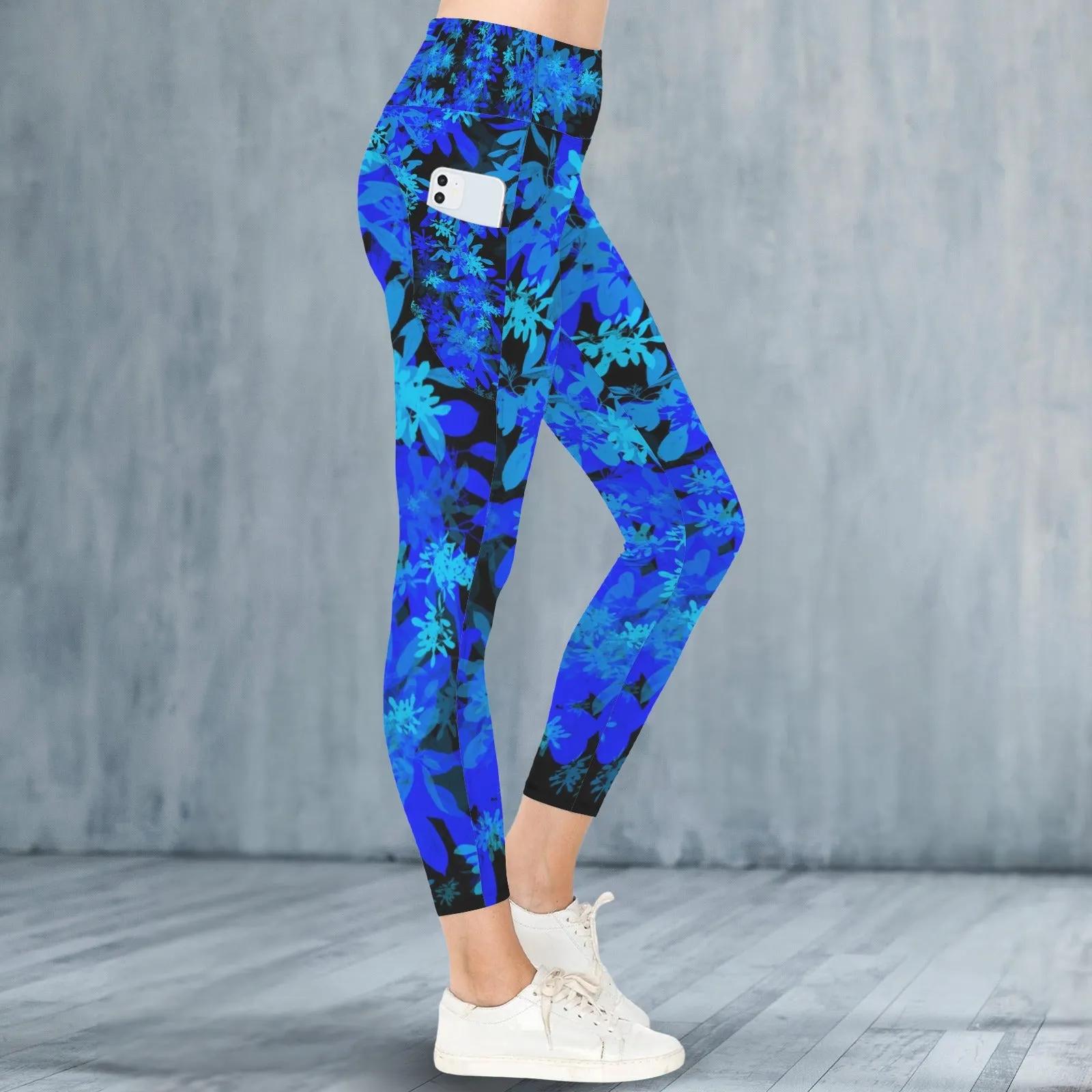 Black & Blue Leaves Leggings with Pockets up to 5 XL (FWS)