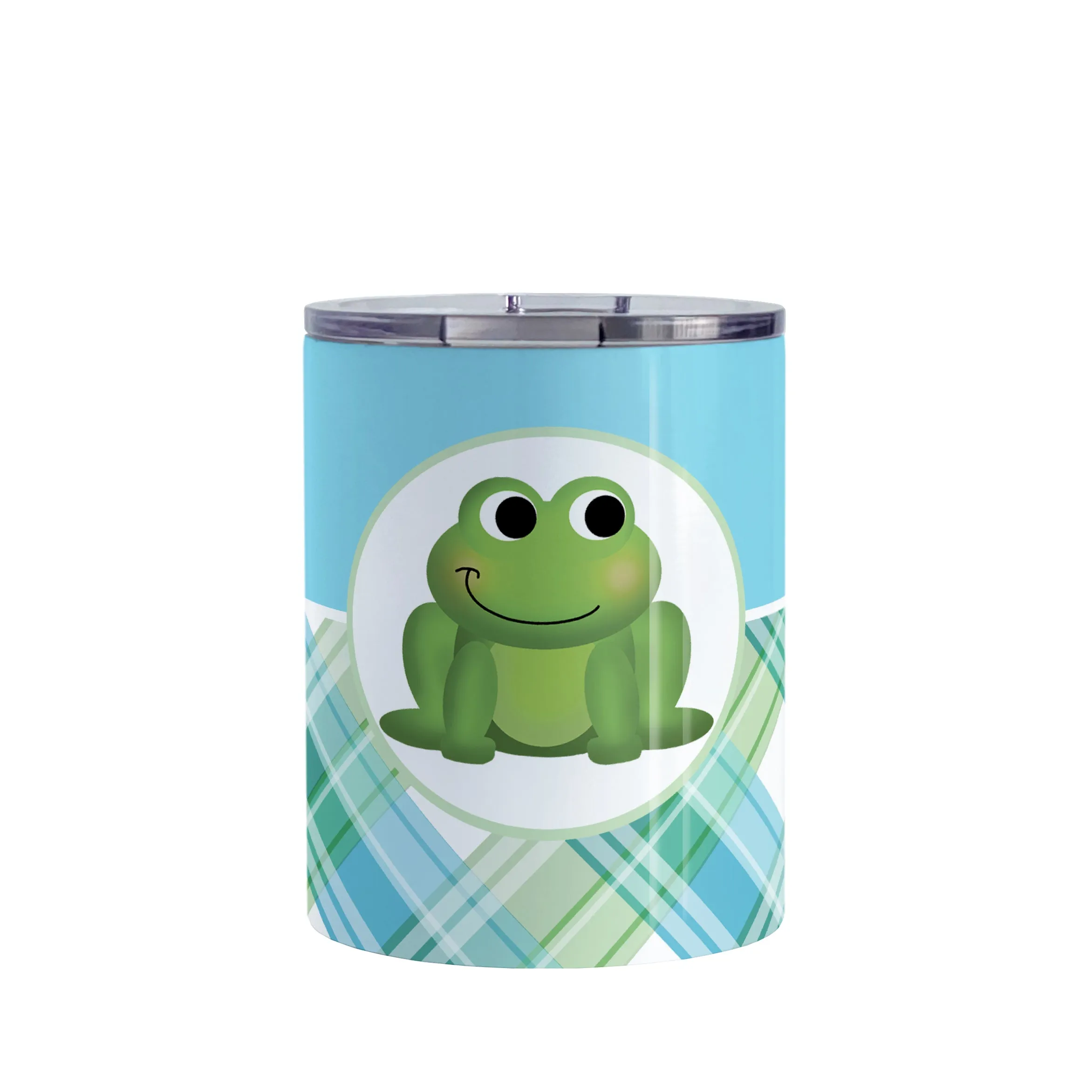 Cute Frog Green and Blue Plaid Tumbler Cup