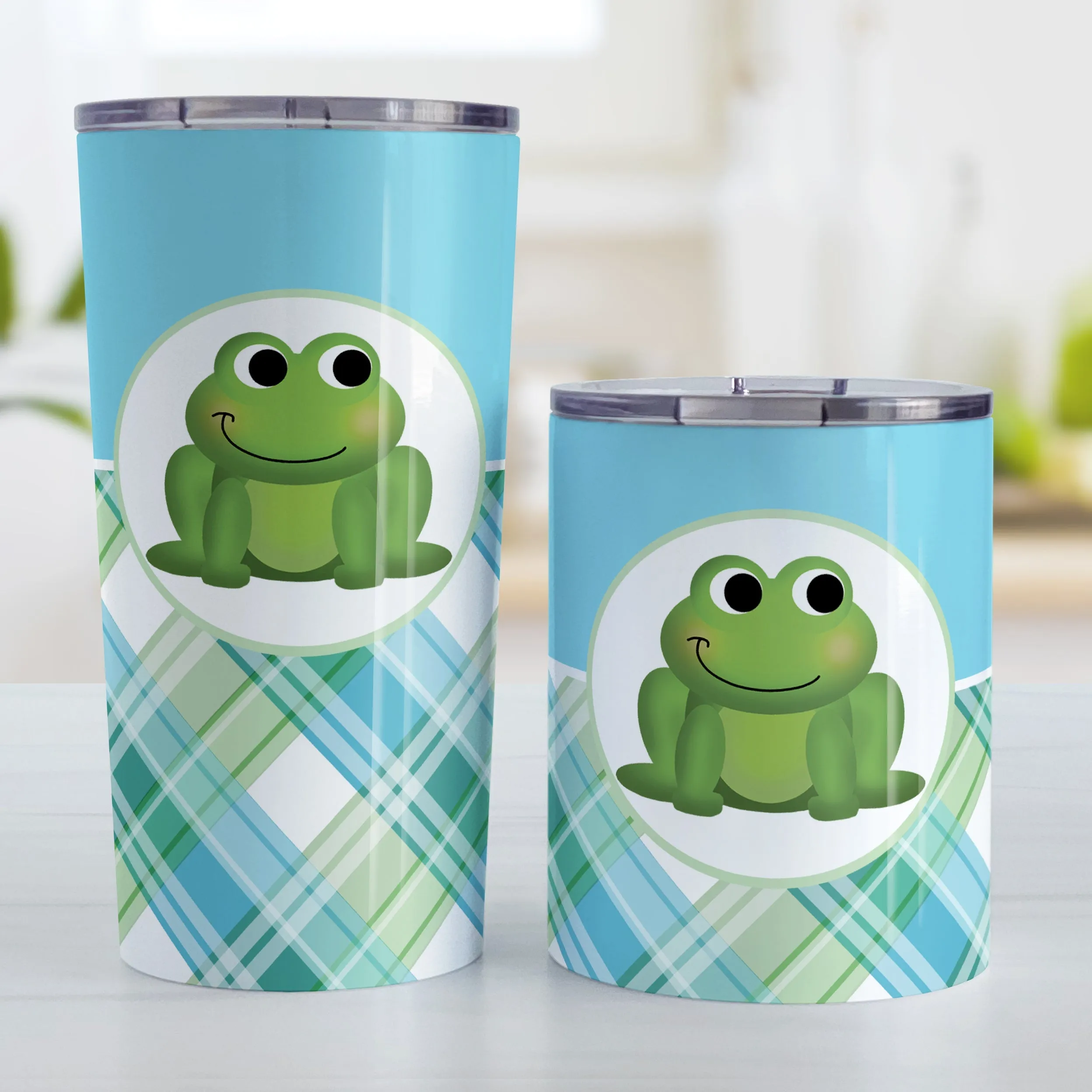 Cute Frog Green and Blue Plaid Tumbler Cup