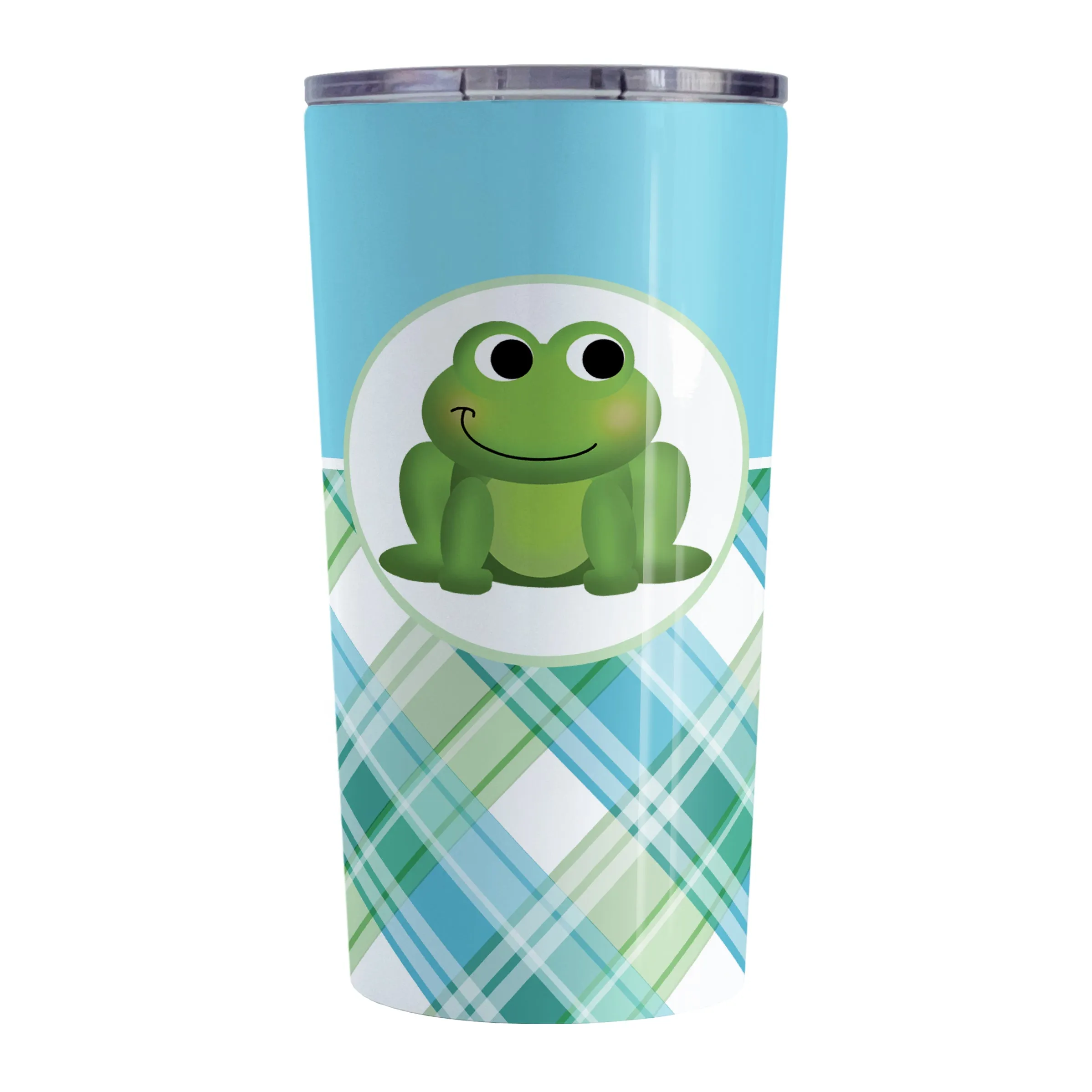 Cute Frog Green and Blue Plaid Tumbler Cup