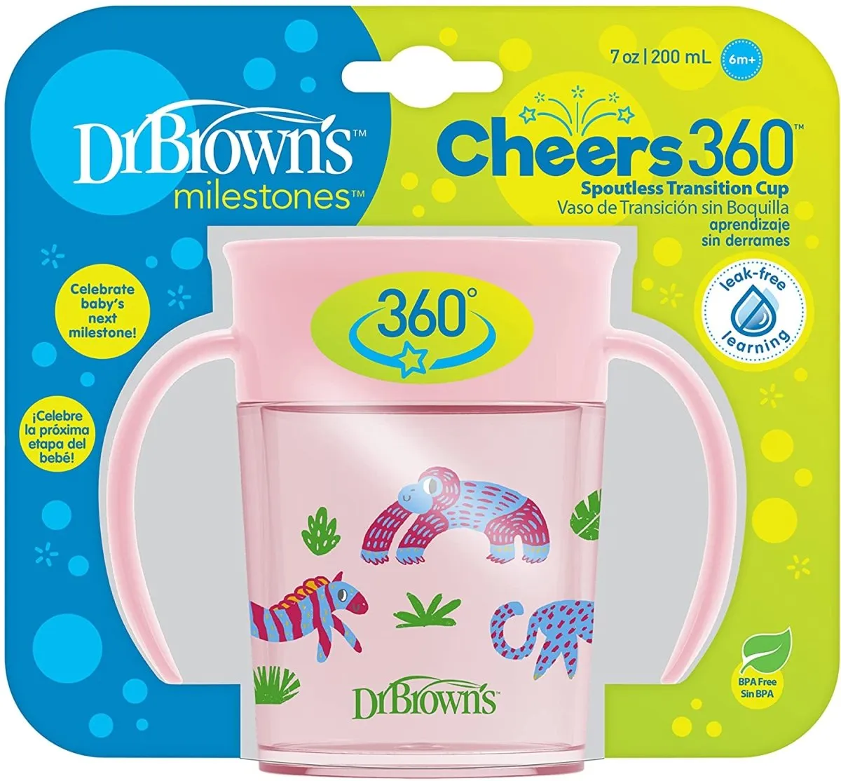 Dr.Brown's Smooth Wall Cheers360 Cup w/ Handles, 7 oz/200mL - Pink Deco