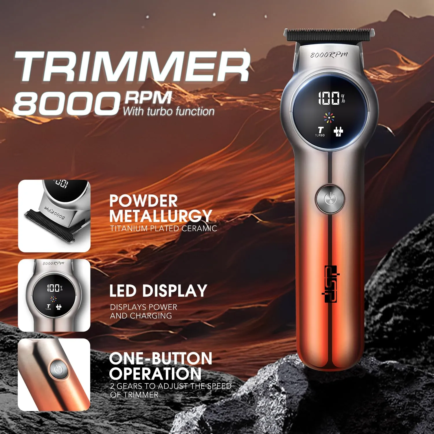DSP Zero Gap Trimmer for Men, Hair Trimmer for Men, Clippers for Hair Cutting, Turbo Speed, Cordless Clippers for Men, USB C, 8000 RPM, Fast Charging, LED Display (Red)