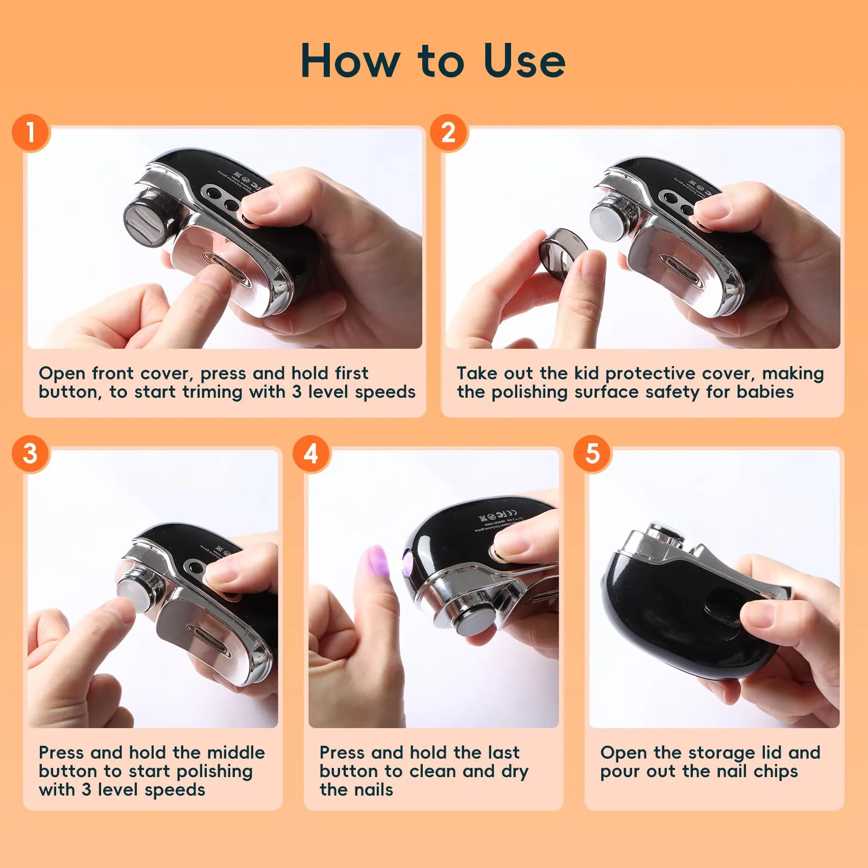 Electric Nail Clipper-3 in 1 Baby Nail Trimmer with Light & 3 Speeds, Fingernail Trimmer, Polisher & Clip Storage, USB Rechargeable Automatic Nail File for Baby, Kids, Adult Gift(Black)