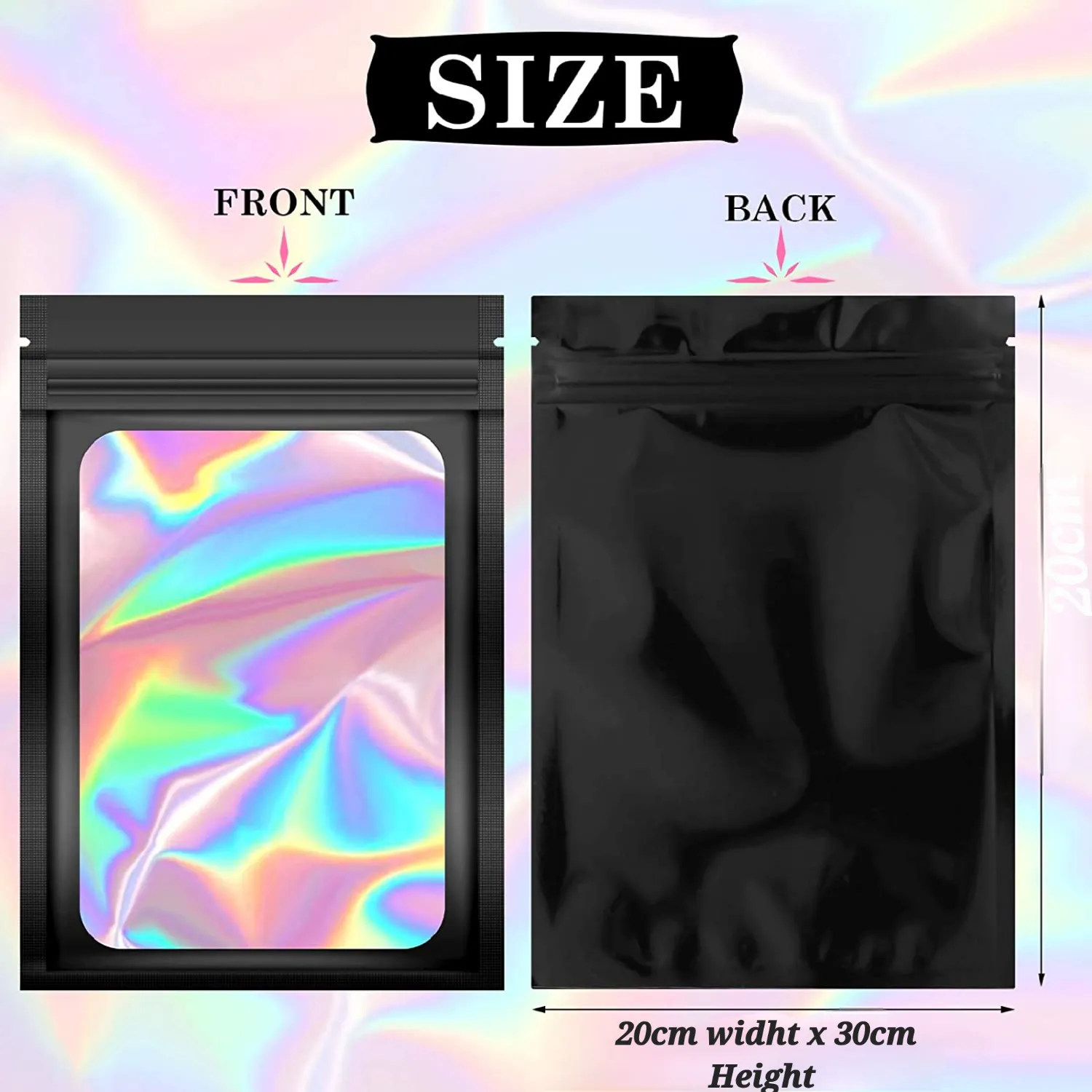 Holographic Resealable Bags 20x30cm Clear Window 10pack