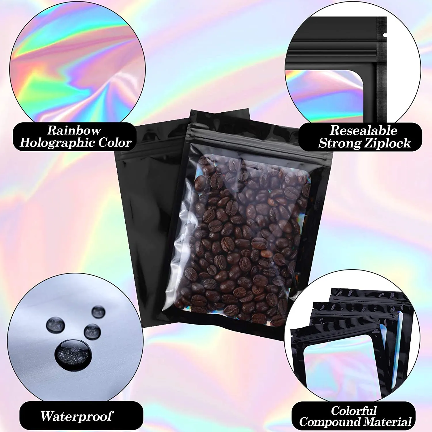 Holographic Resealable Bags 7x10cm Clear Window with Euro Punch Loop Hanging Hole 10pack